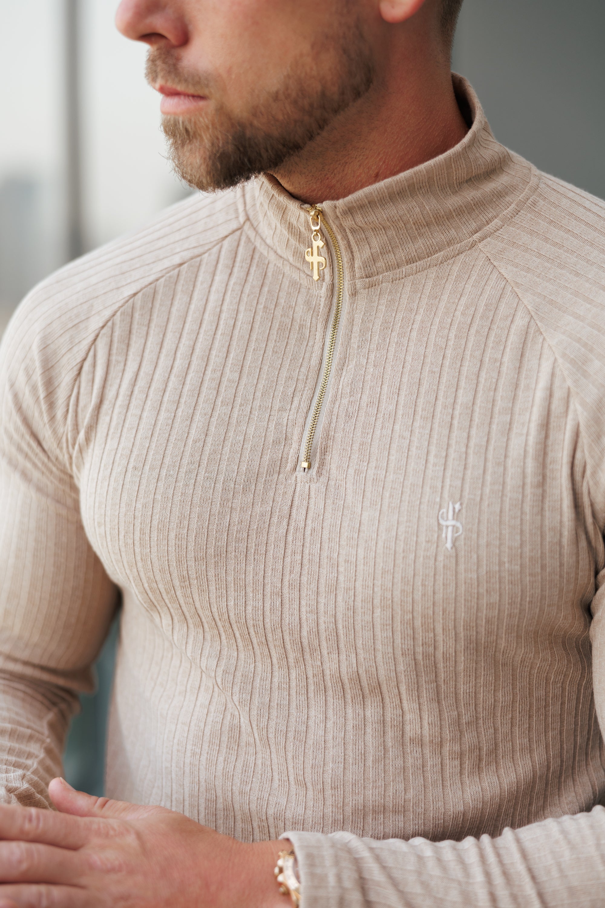 Classic Beige Ribbed Zip Funnel Neck Raglan Long Sleeve Crew - FSH1299