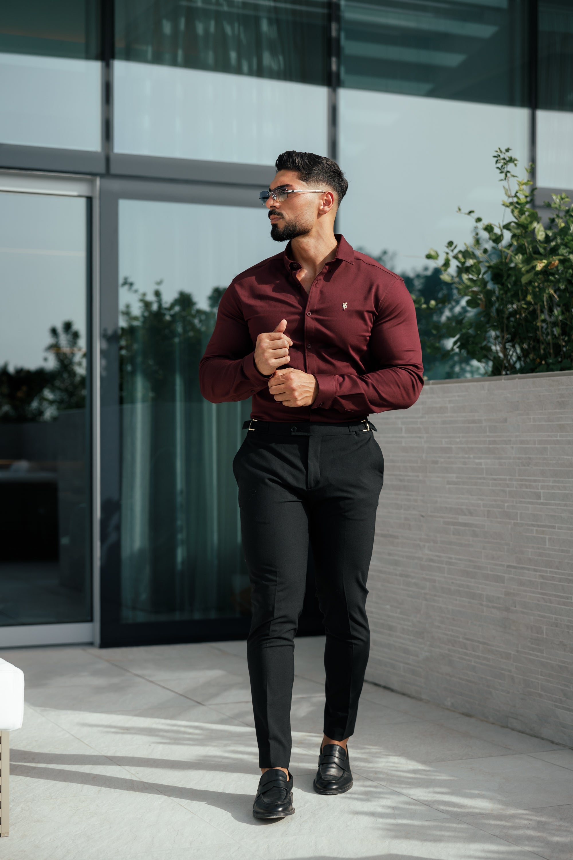 Super Slim Stretch Burgundy Denim Long Sleeve with Gold Metal Decal and Button Down Collar - FS1046