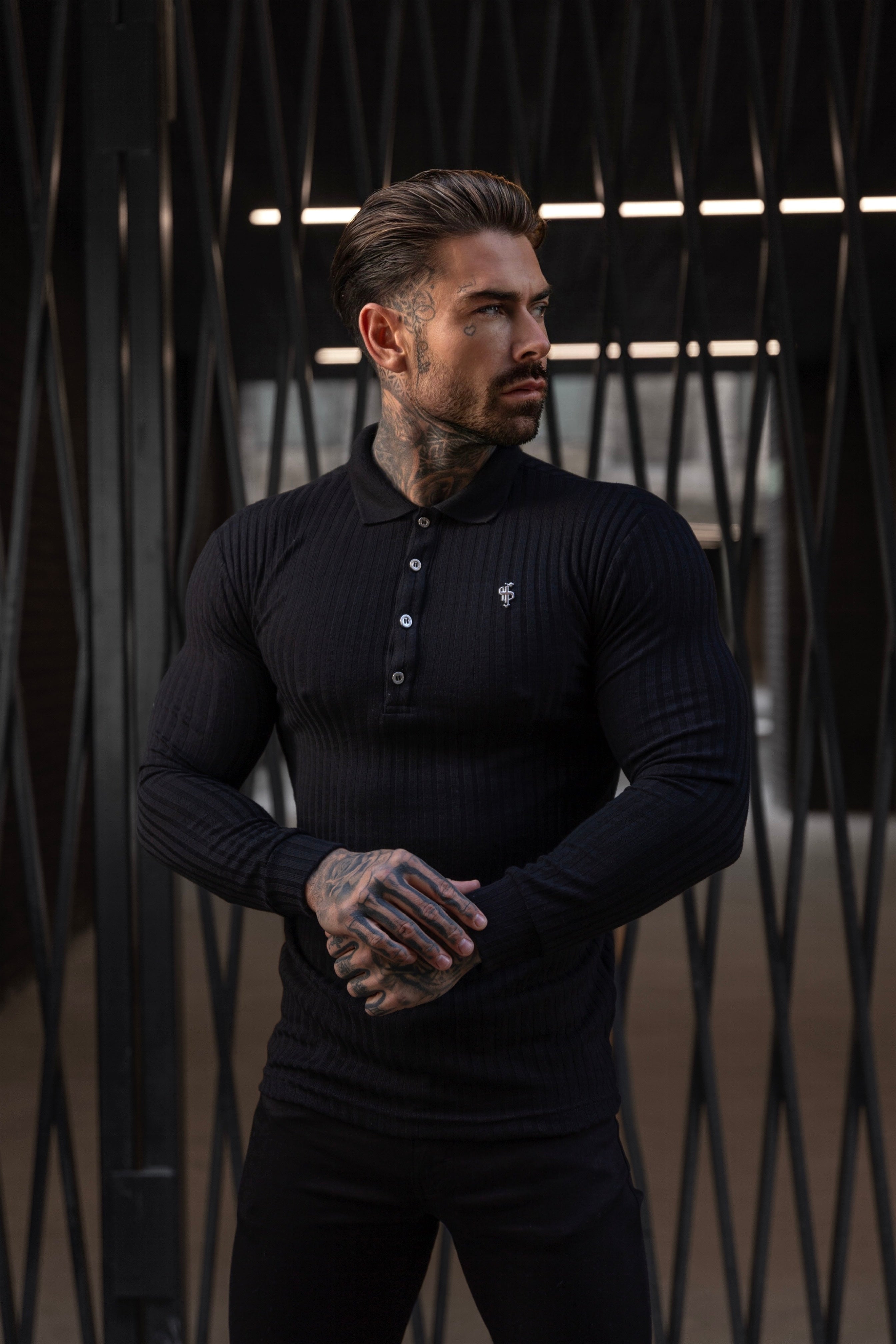 Classic Black Ribbed Polo Shirt Long Sleeve With Silver Decal - FSH967