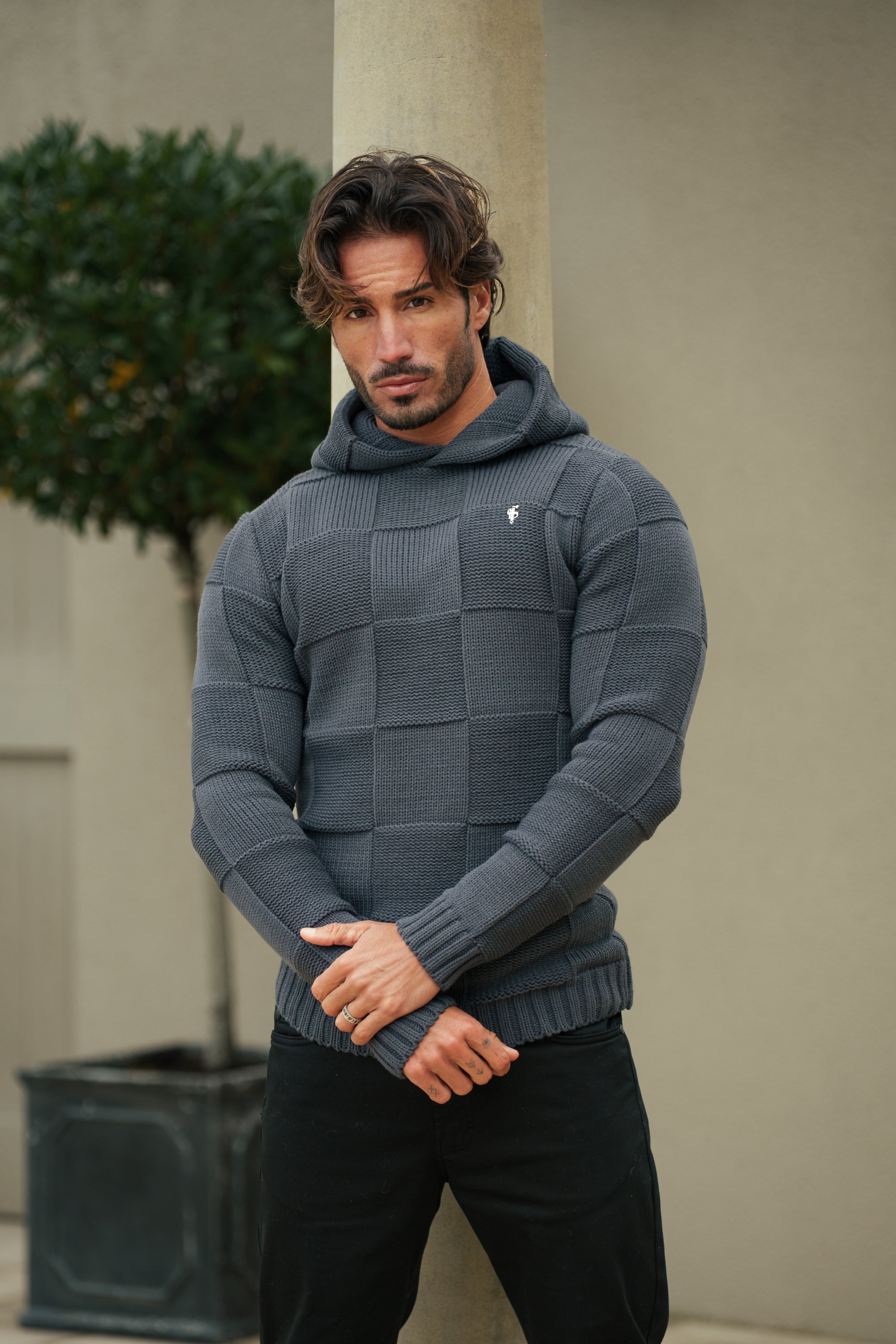 Gunmetal Checkerboard Knitted Hoodie - FSJ136