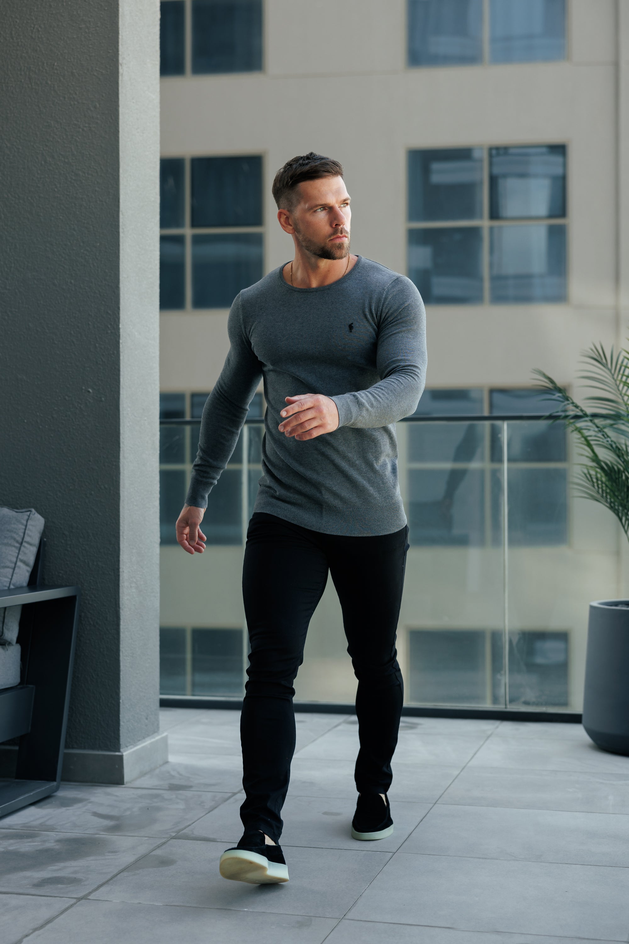 Charcoal Crew Neck Knitted Jumper With FS Branding - FSN198