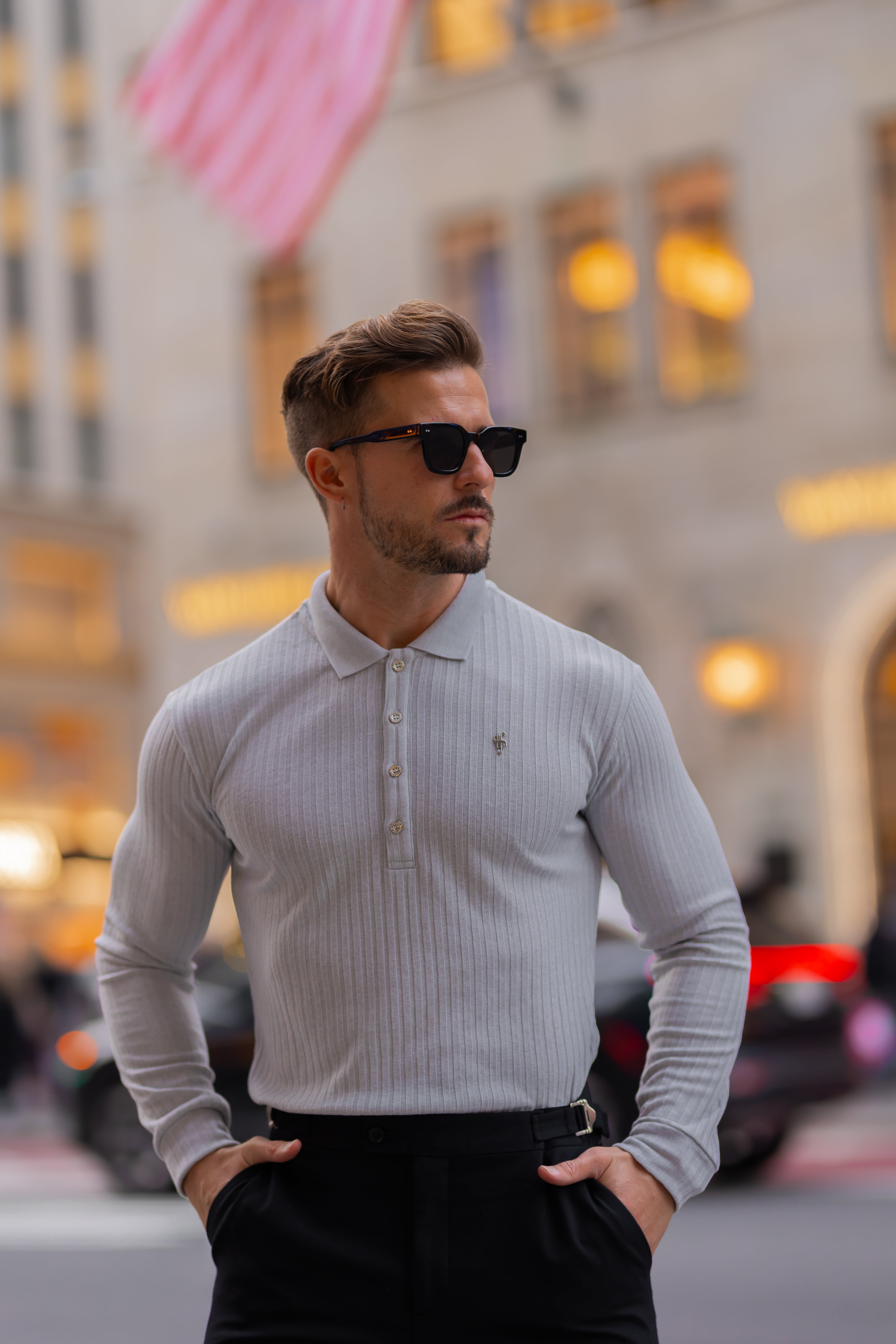 Classic Light Grey Ribbed Polo Shirt Long Sleeve With Silver Decal - FSH973