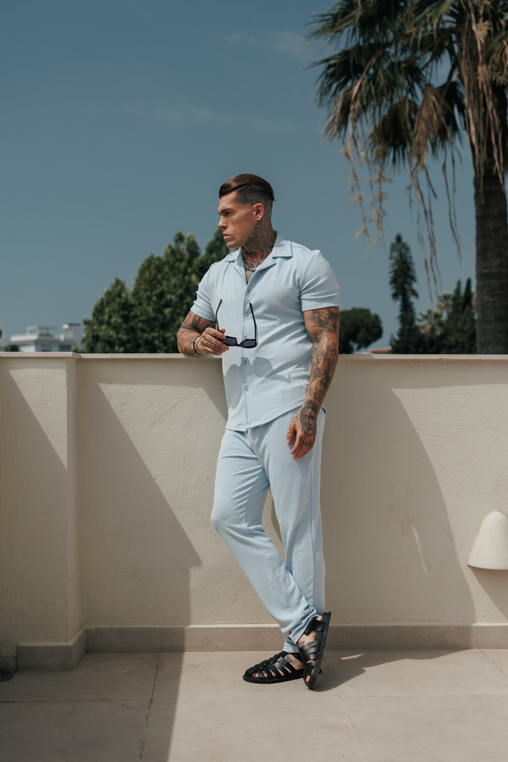 Jersey Cord Stretch Light Blue Revere Shirt Short Sleeve - FSR074 (PRE ORDER 18TH JULY)