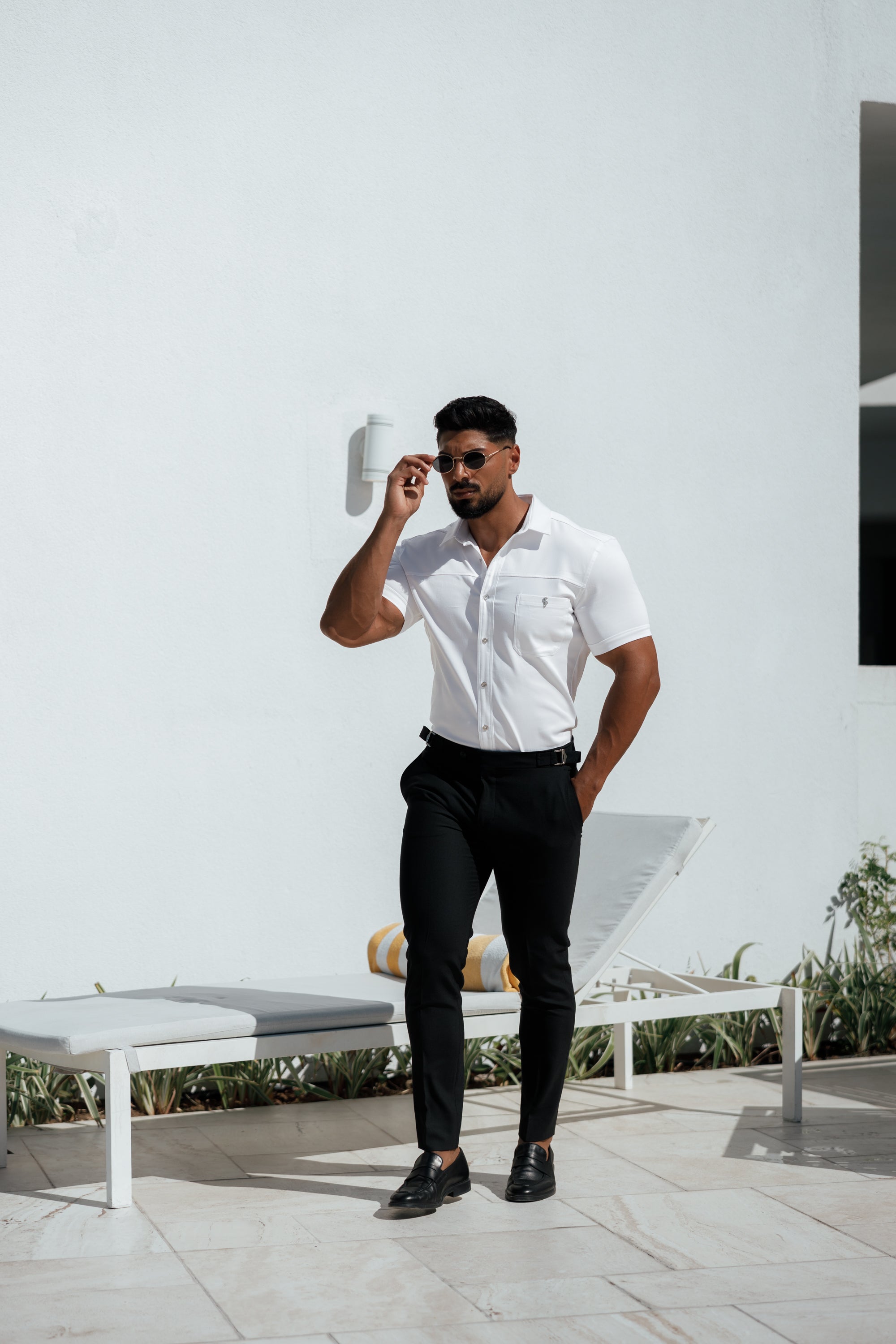 Super Slim Stretch White Denim Short Sleeve with Horizontal Seam and Pocket- FS956