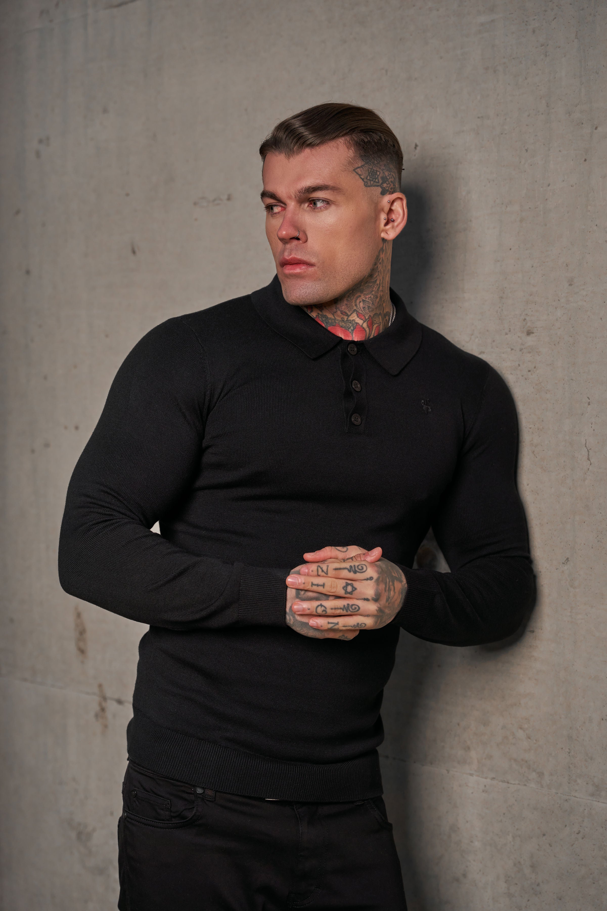 Classic Black Knitted Polo Jumper Long Sleeve With Tonal FS Embroidery- FSN139