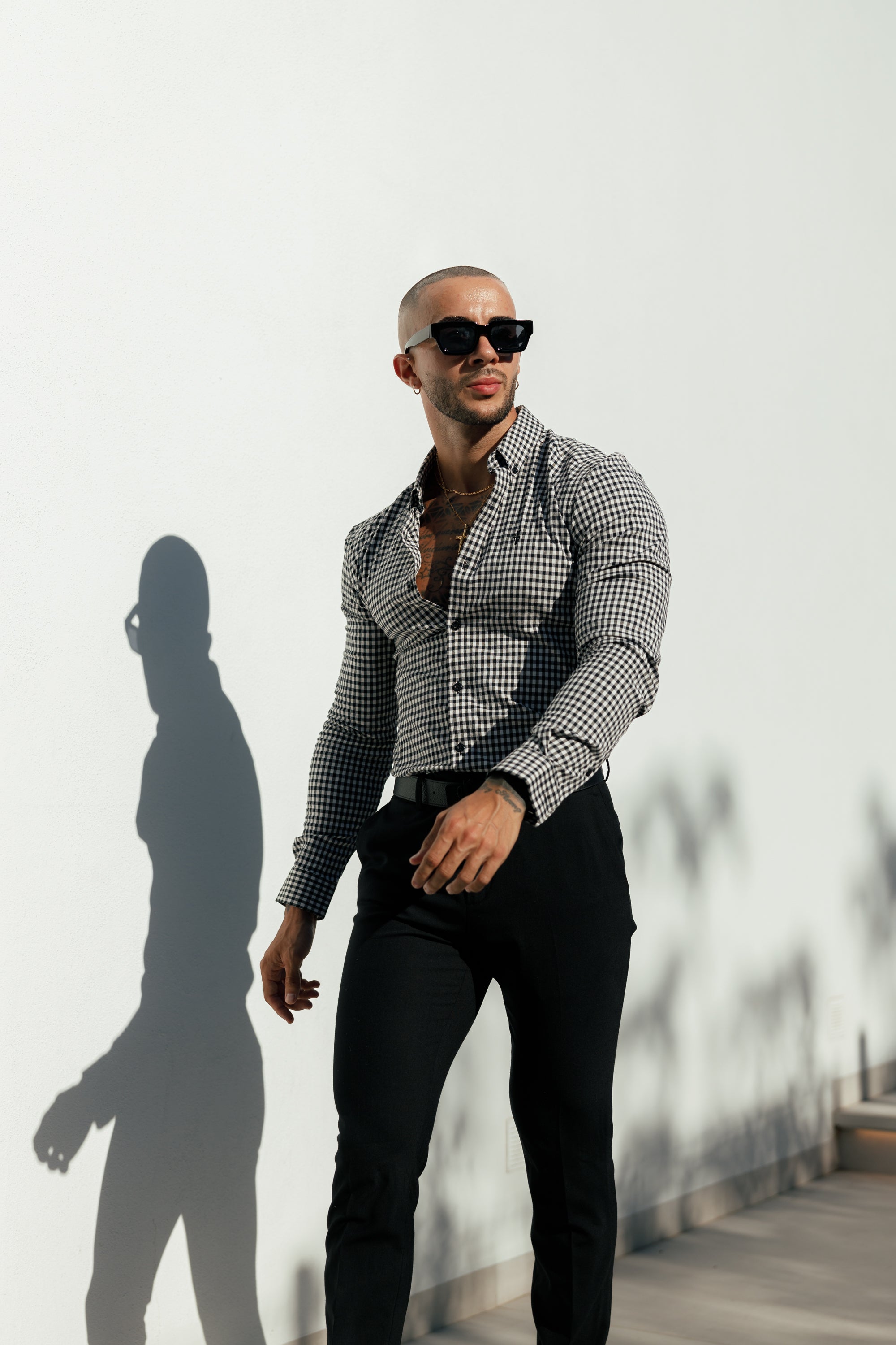 Super Slim Stretch White / Black Check Long Sleeve with Button Down Collar - FS1069