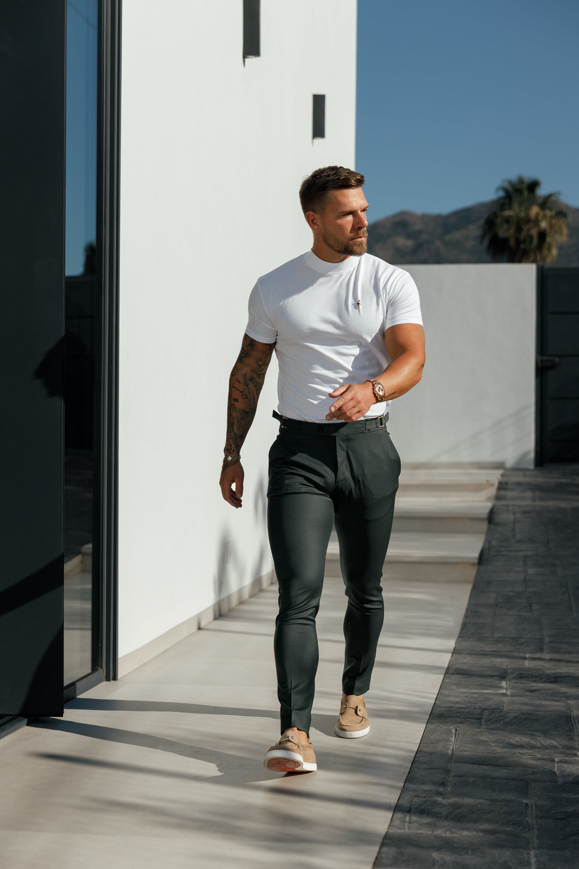 Ribbed High Neck Crew Short Sleeve White / Gold - FSH1006