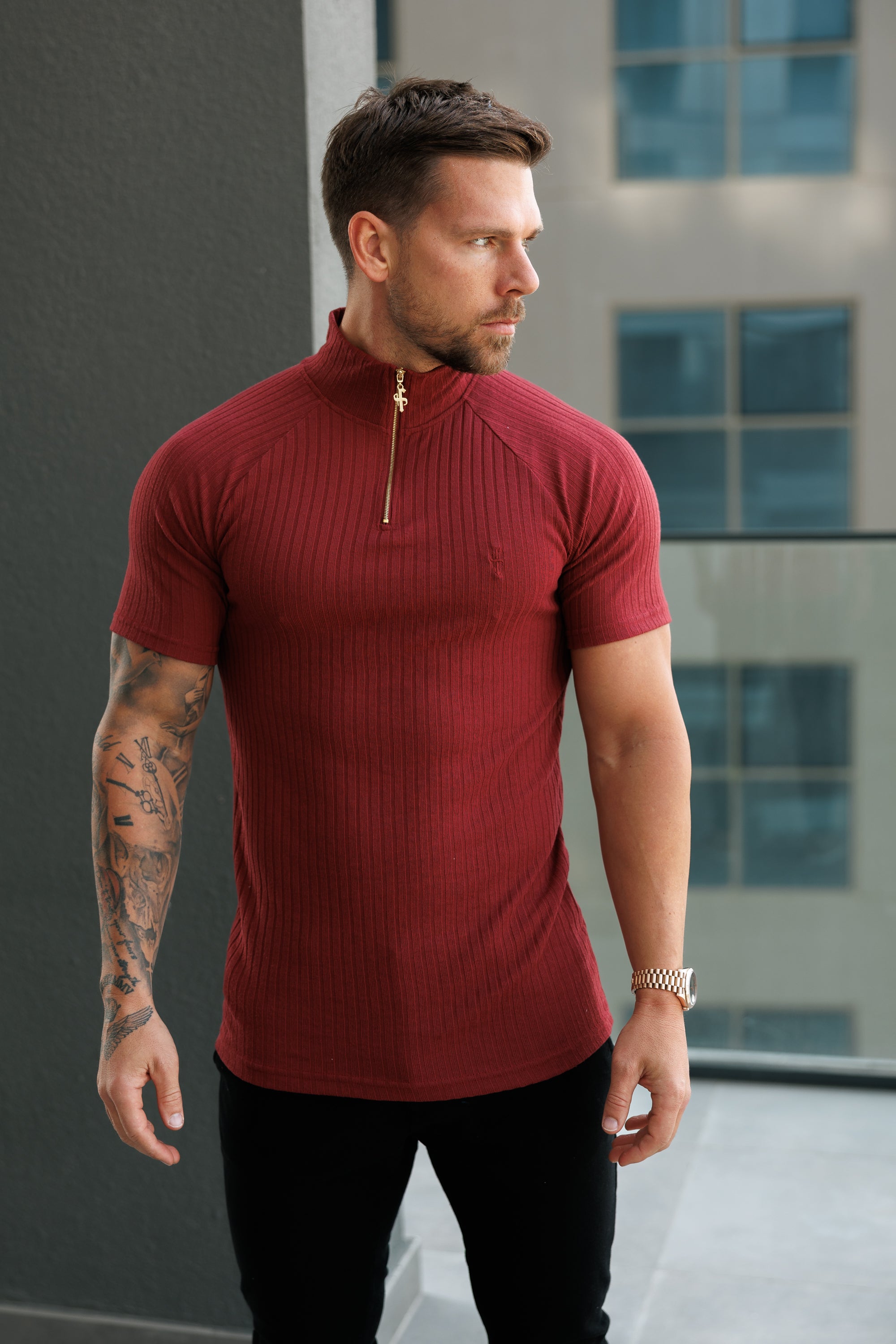 Classic Burgundy Ribbed Zip Funnel Neck Raglan Short Sleeve Crew - FSH1293