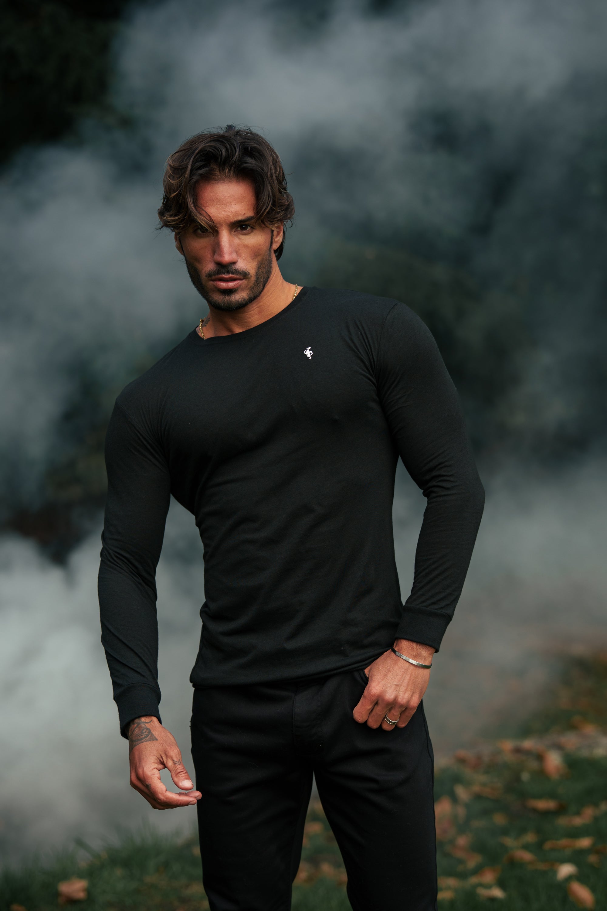 Black / Silver Bamboo Crew T-Shirt Long Sleeve - FSH1415