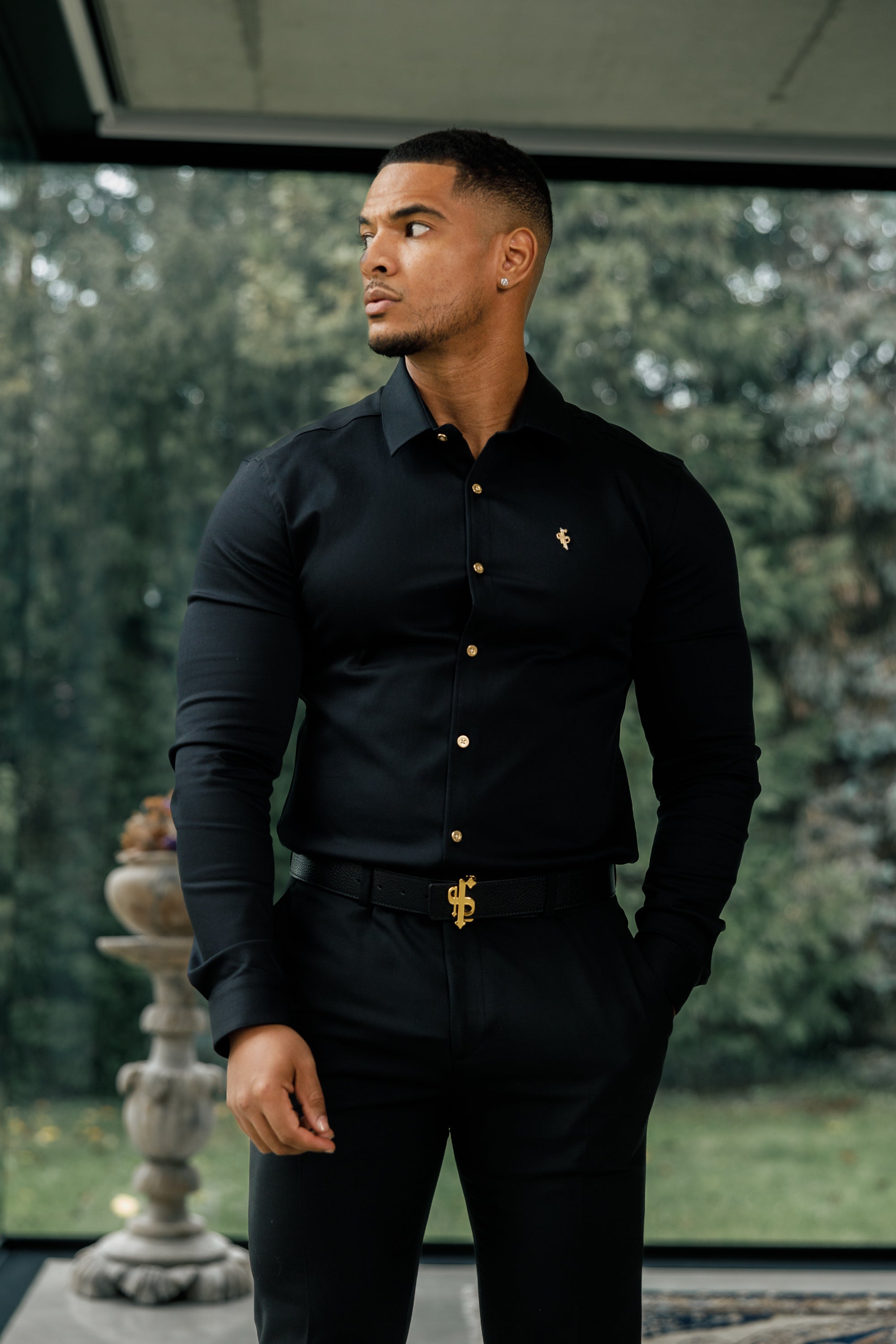 Super Slim Stretch Black Denim Long Sleeve with Gold Metal Decal and Buttons - FS923