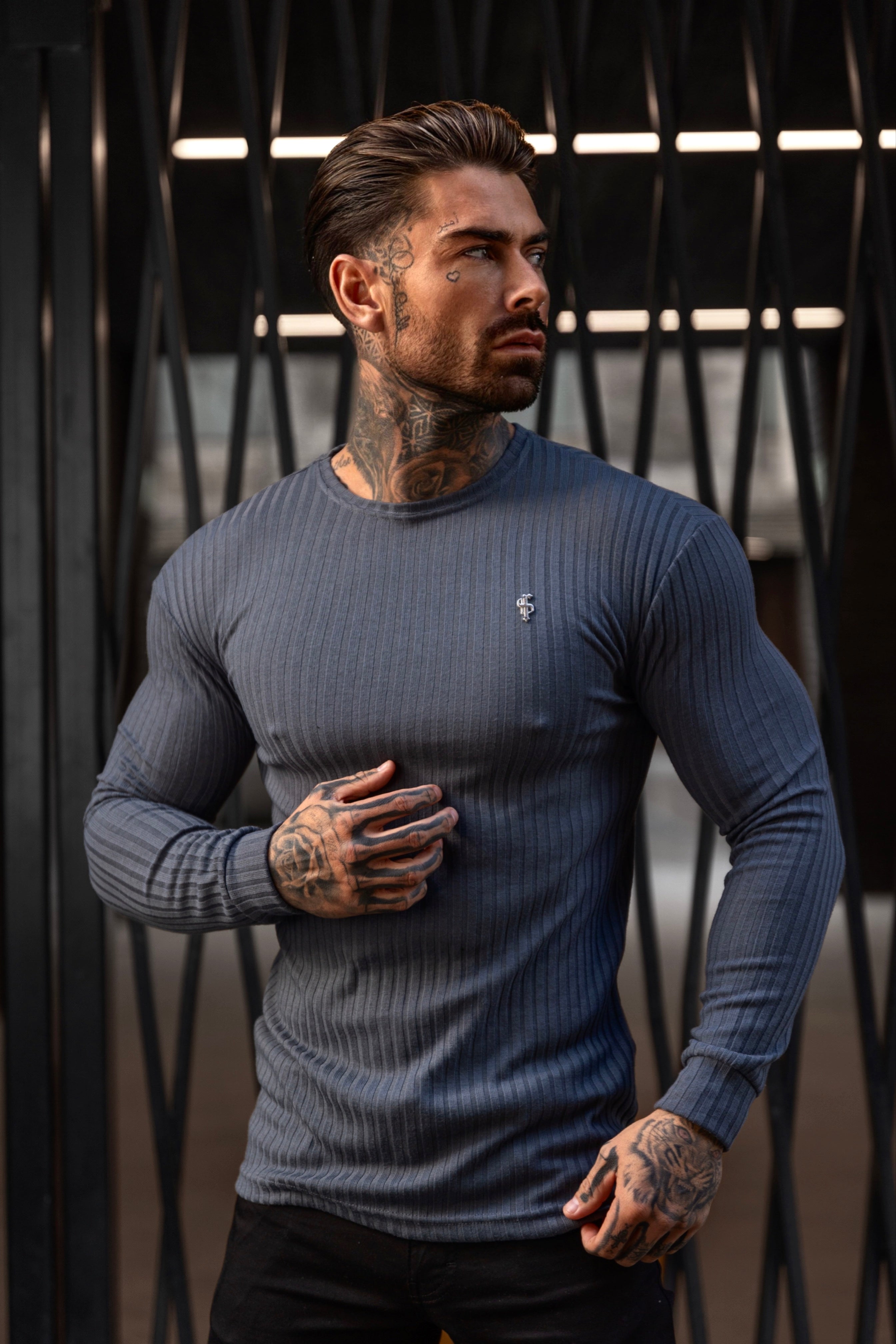 Super Slim Charcoal Ribbed Knit Jumper With Silver Metal Emblem - FSH947