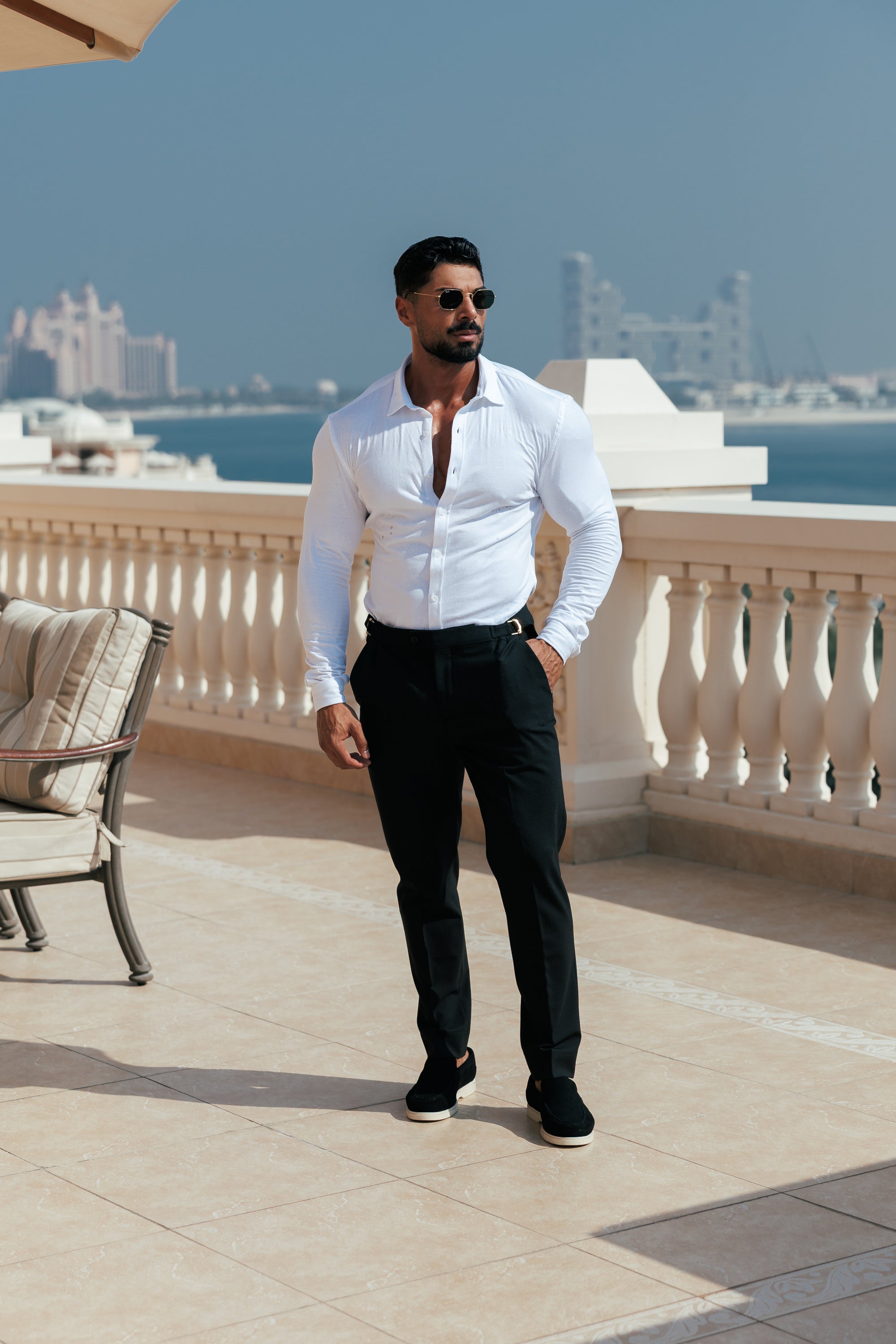 Super Slim Scuba White Long Sleeve Stretch with Grandad Collar - FS1170