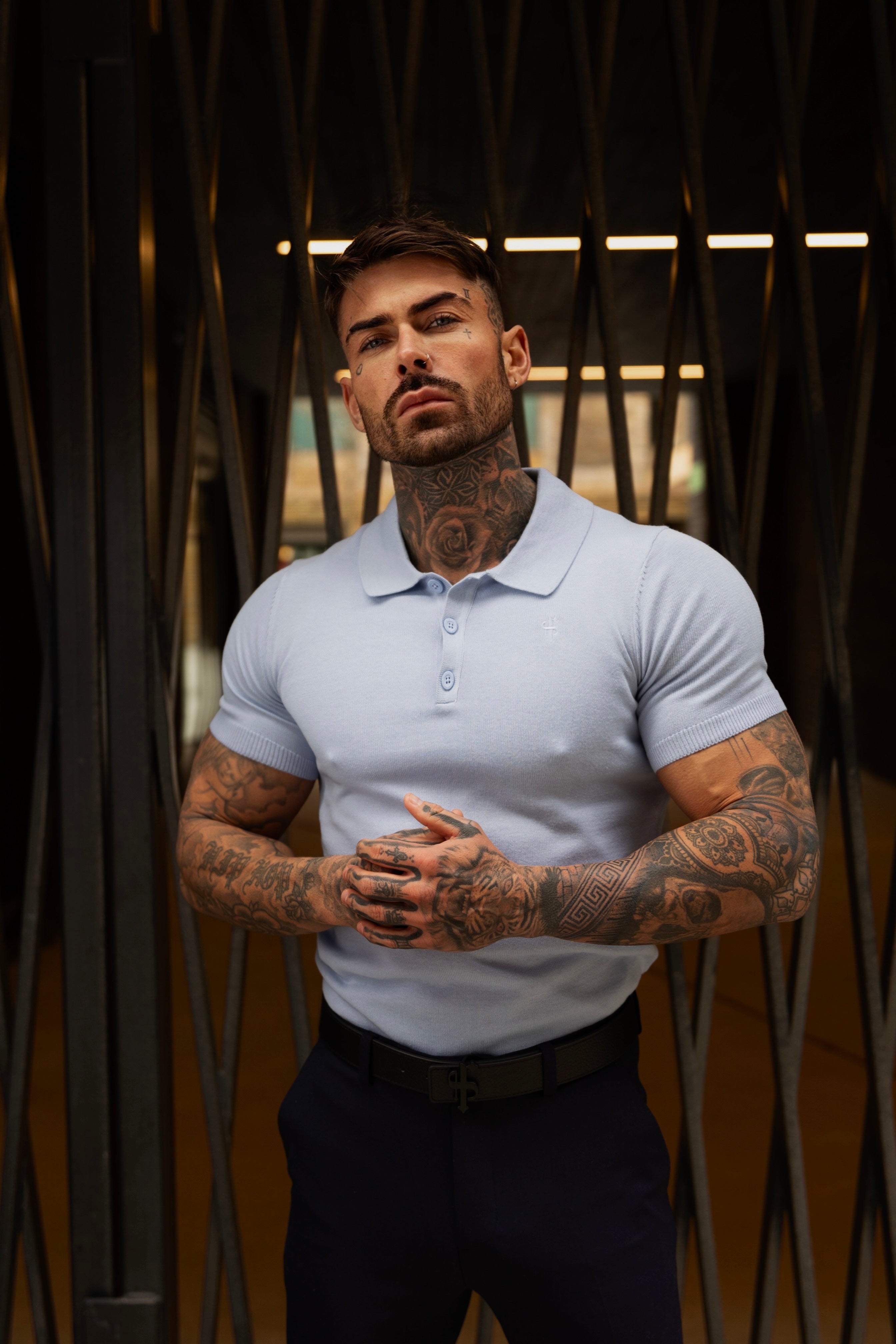 Classic Pale Blue Knitted Polo Jumper Short Sleeve With Tonal FS Embroidery- FSN146