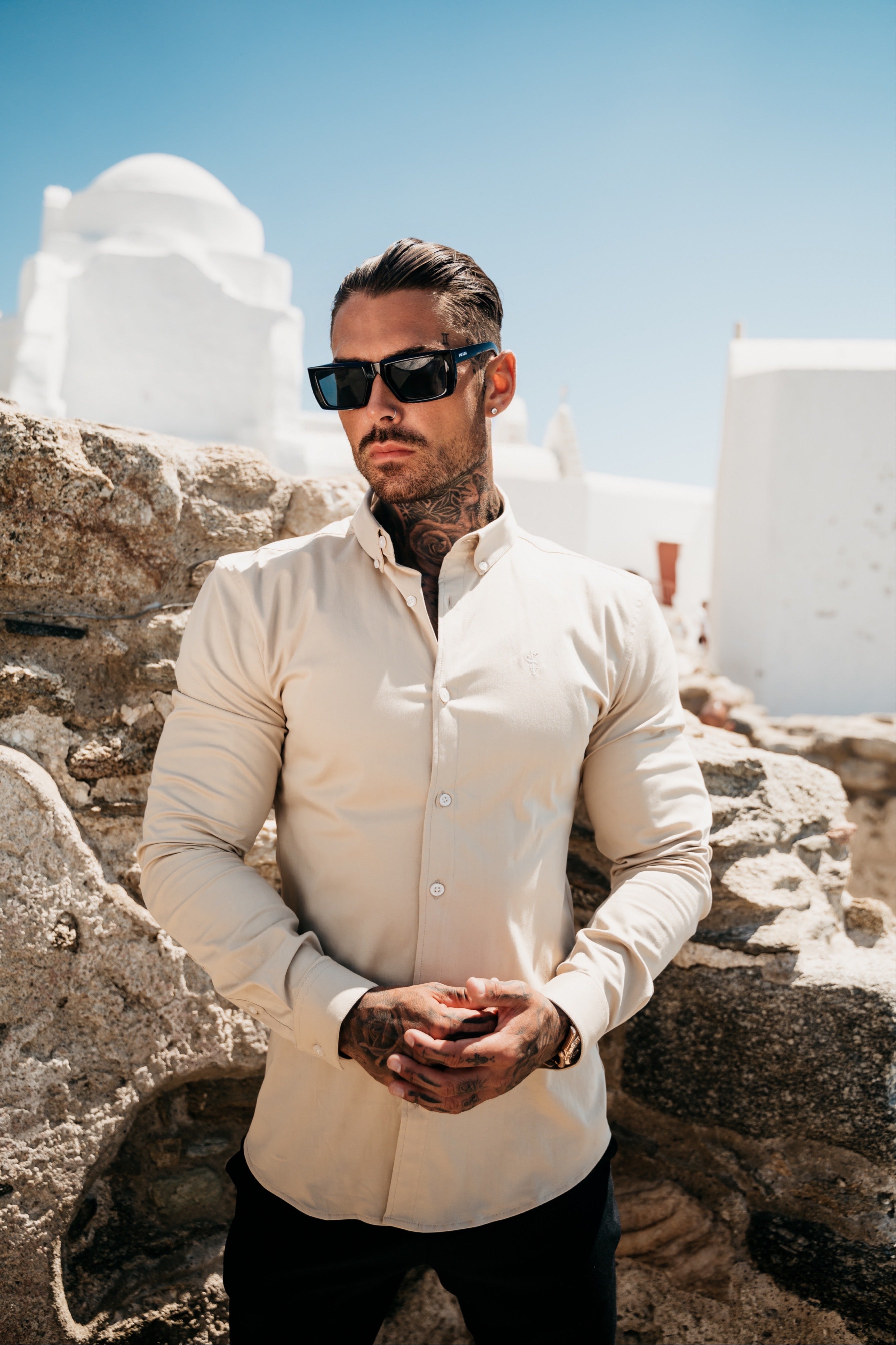 Super Slim Stretch Plain Beige Long Sleeve With Button Down Collar - FS983