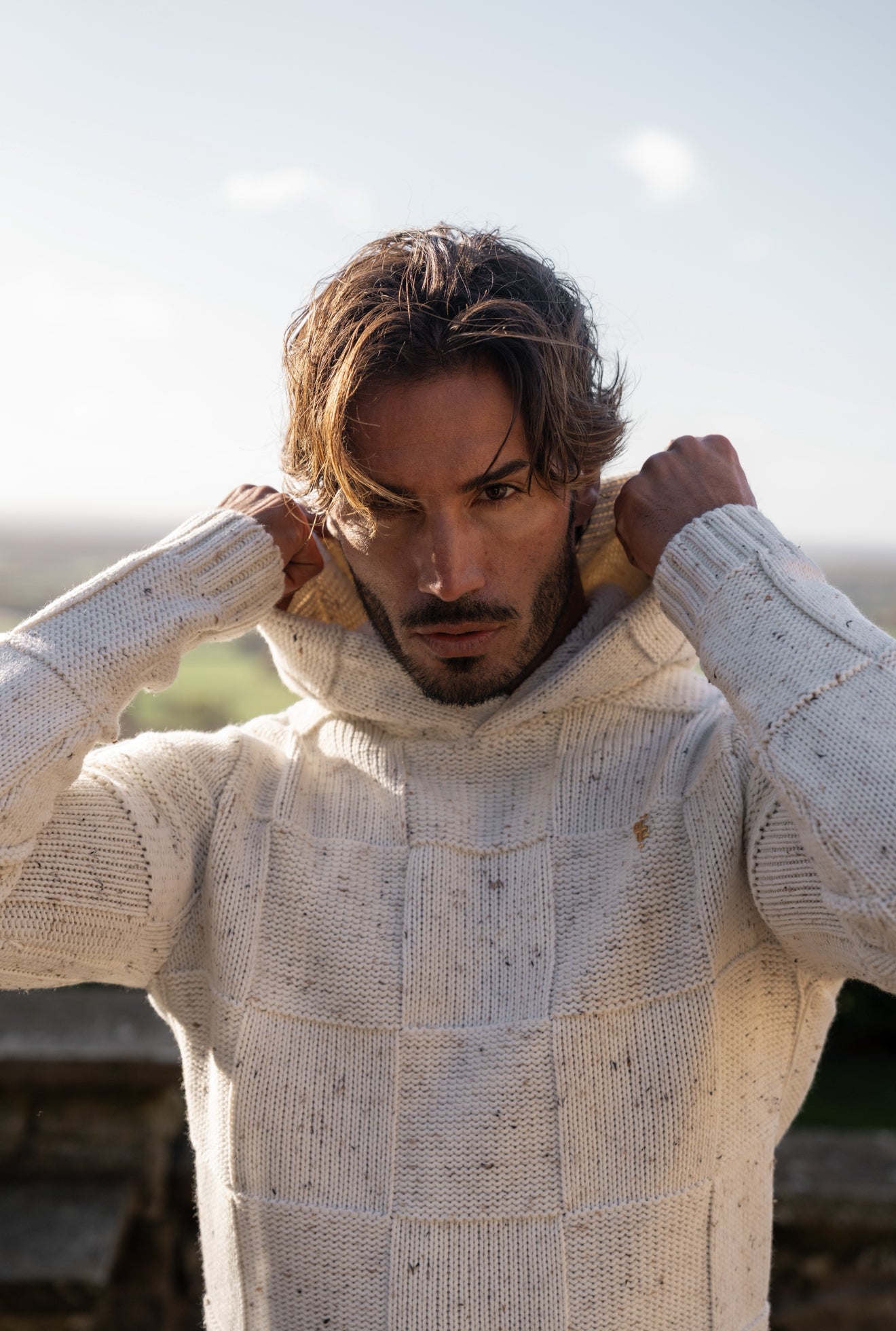 Beige Fleck Checkerboard Knitted Hoodie - FSJ133