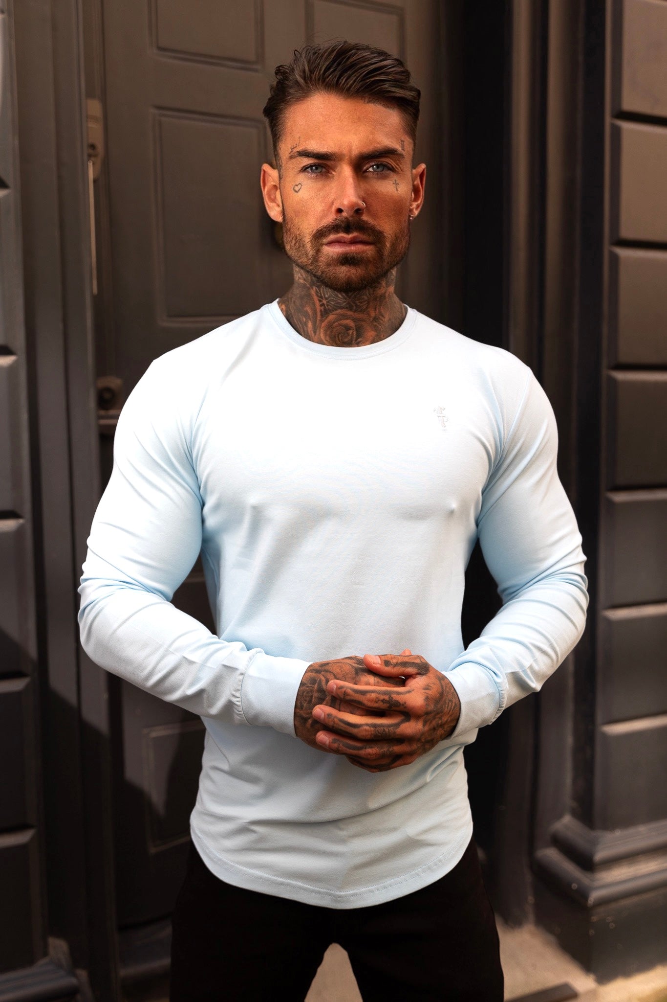 Classic Baby Blue Tonal Curved Hem Long Sleeve Crew T Shirt - FSH999
