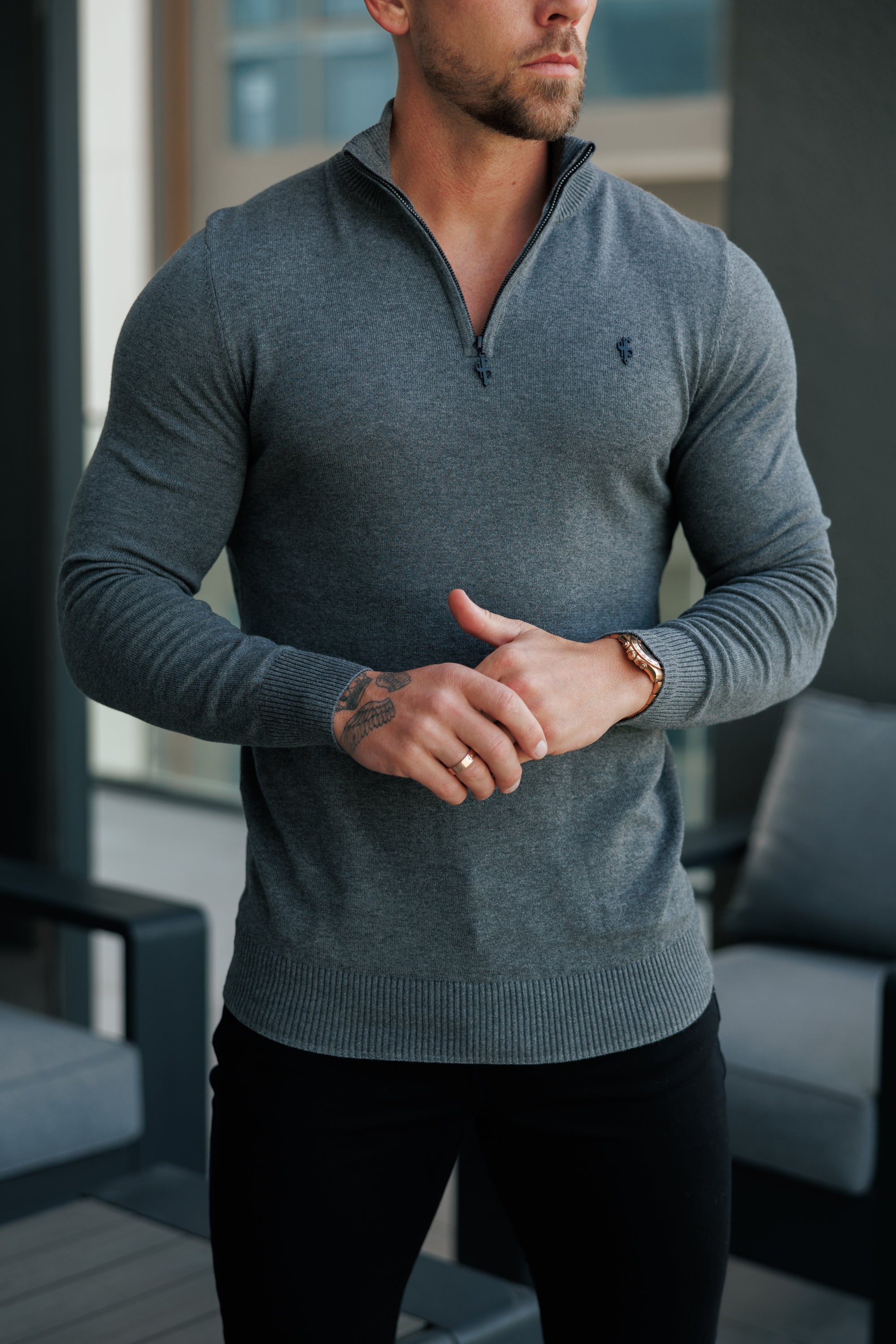 Charcoal Funnel Neck Knitted Jumper With FS Branding - FSN192