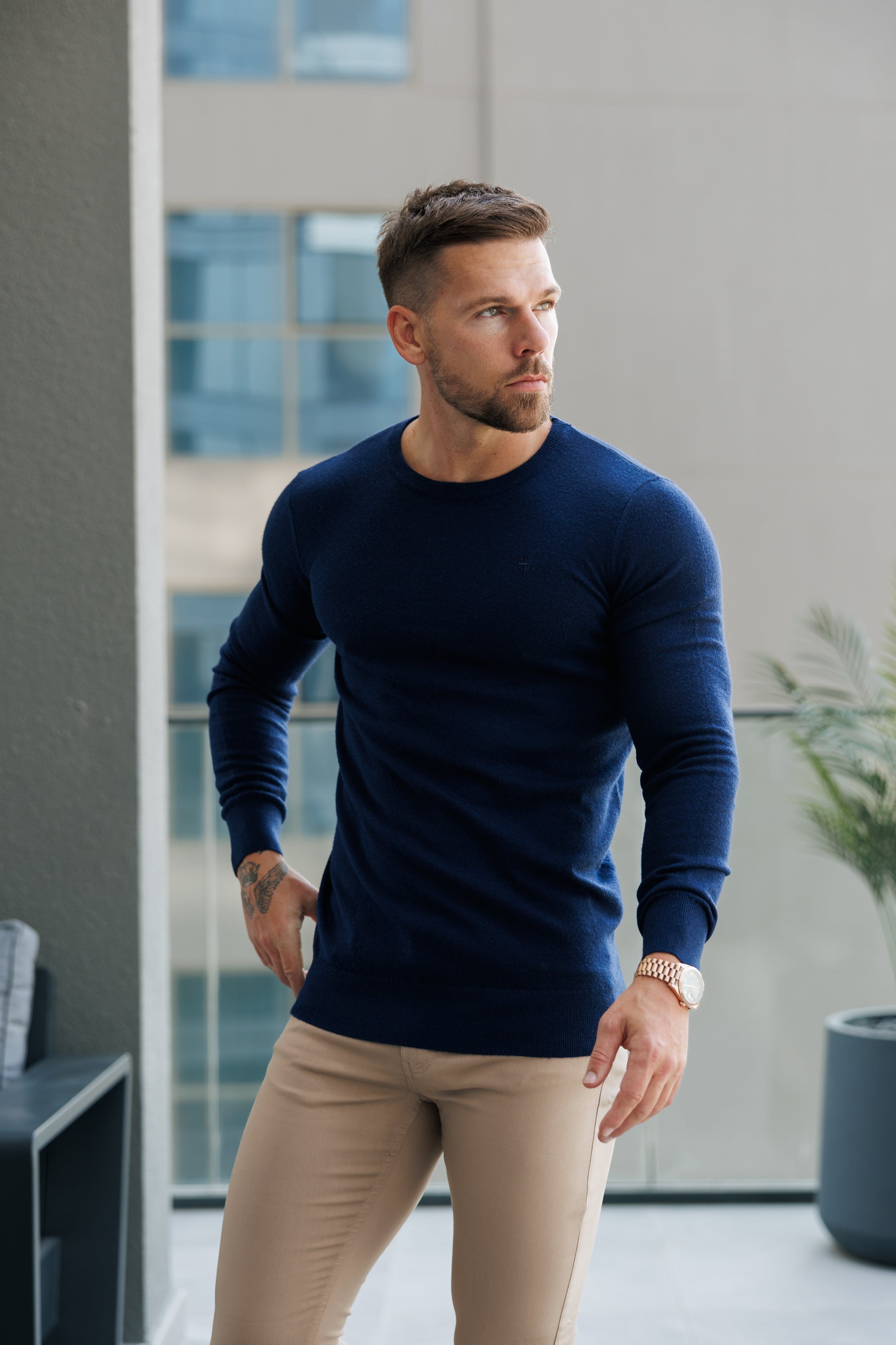 Merino Wool Knitted Crew Jumper Navy - FSN177