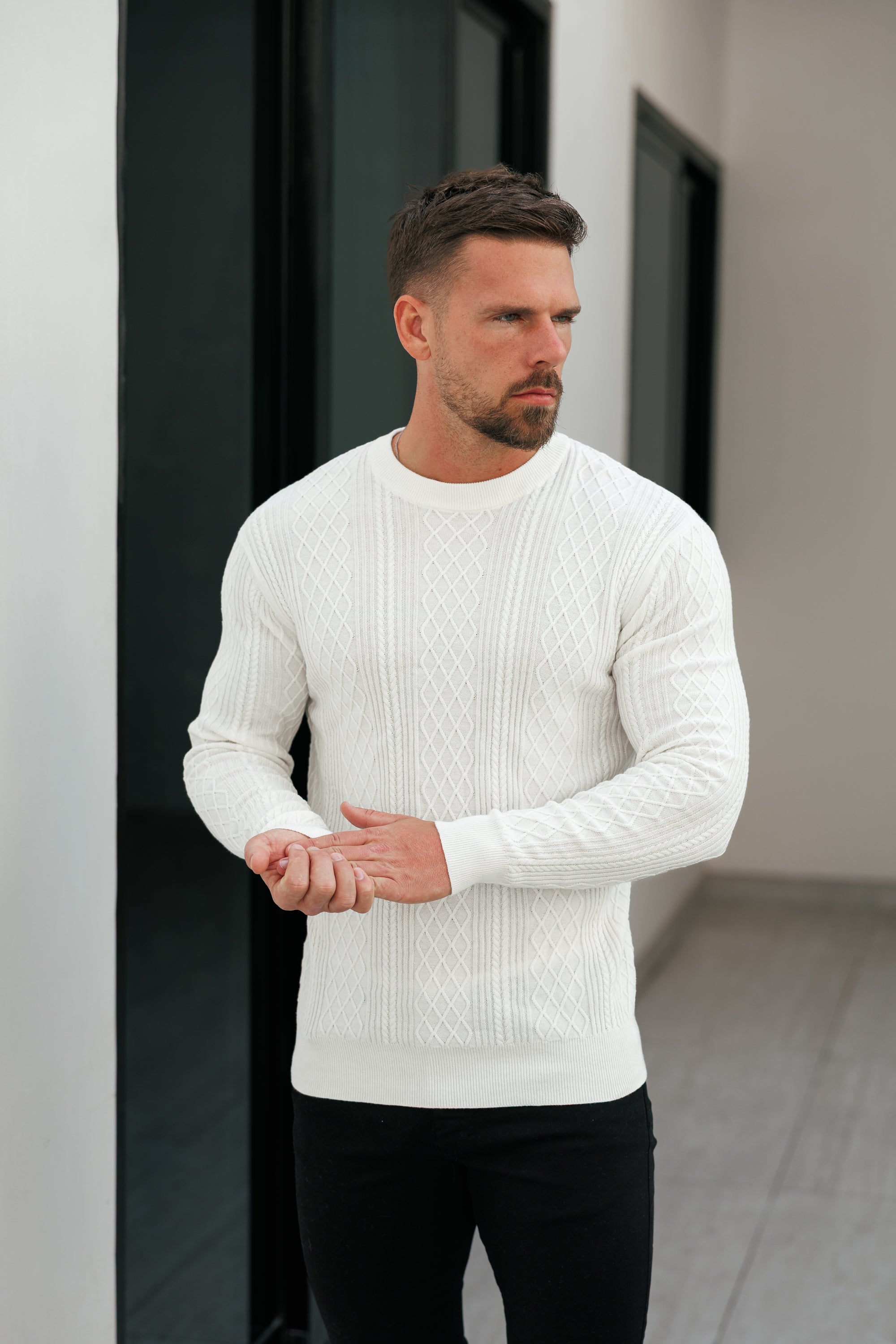 Fine Knit Diamond Off White Jumper Long Sleeve - FSA005