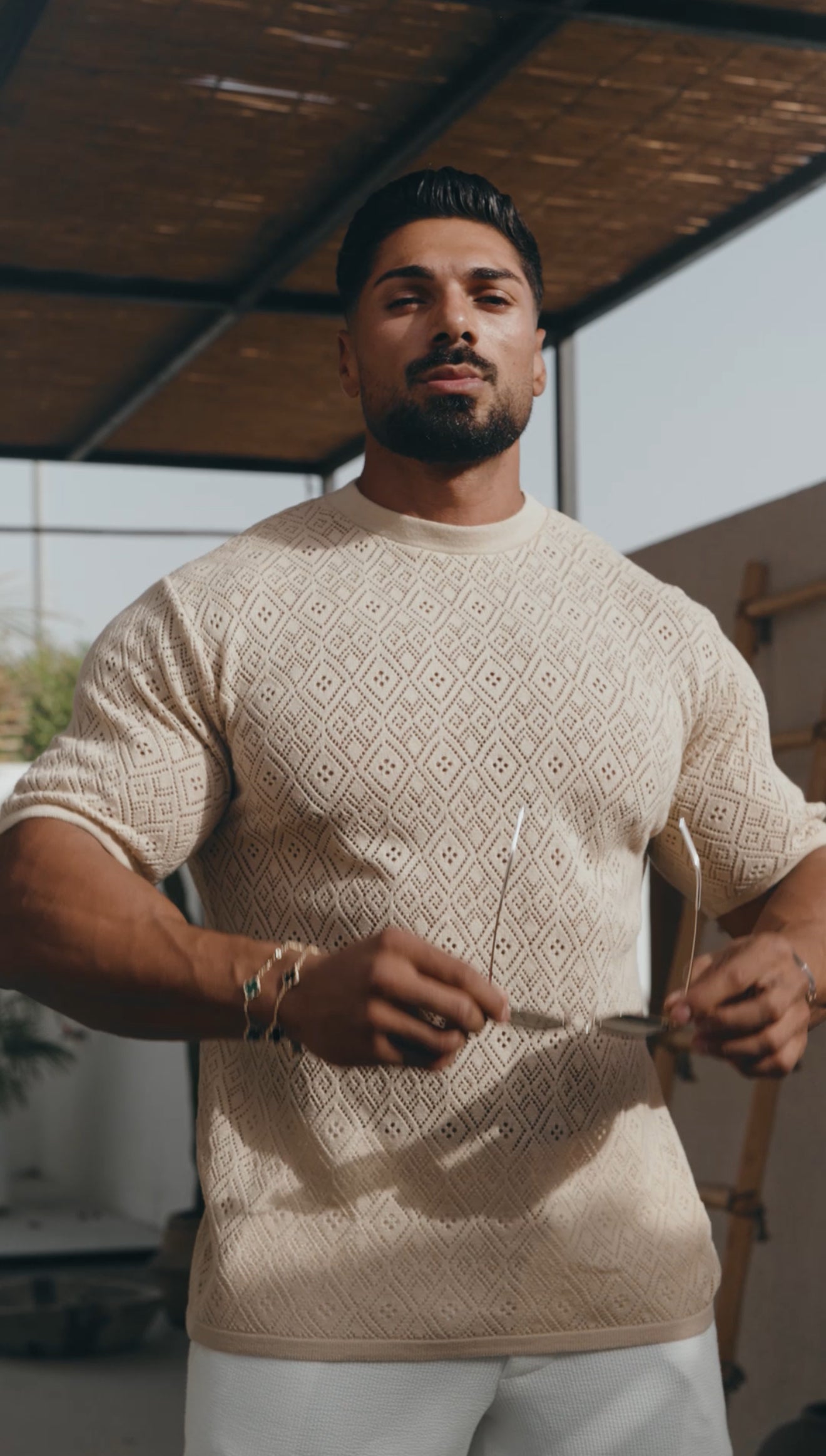 Crochet Crew T-Shirt Honesty Beige Short Sleeve - FSJ087