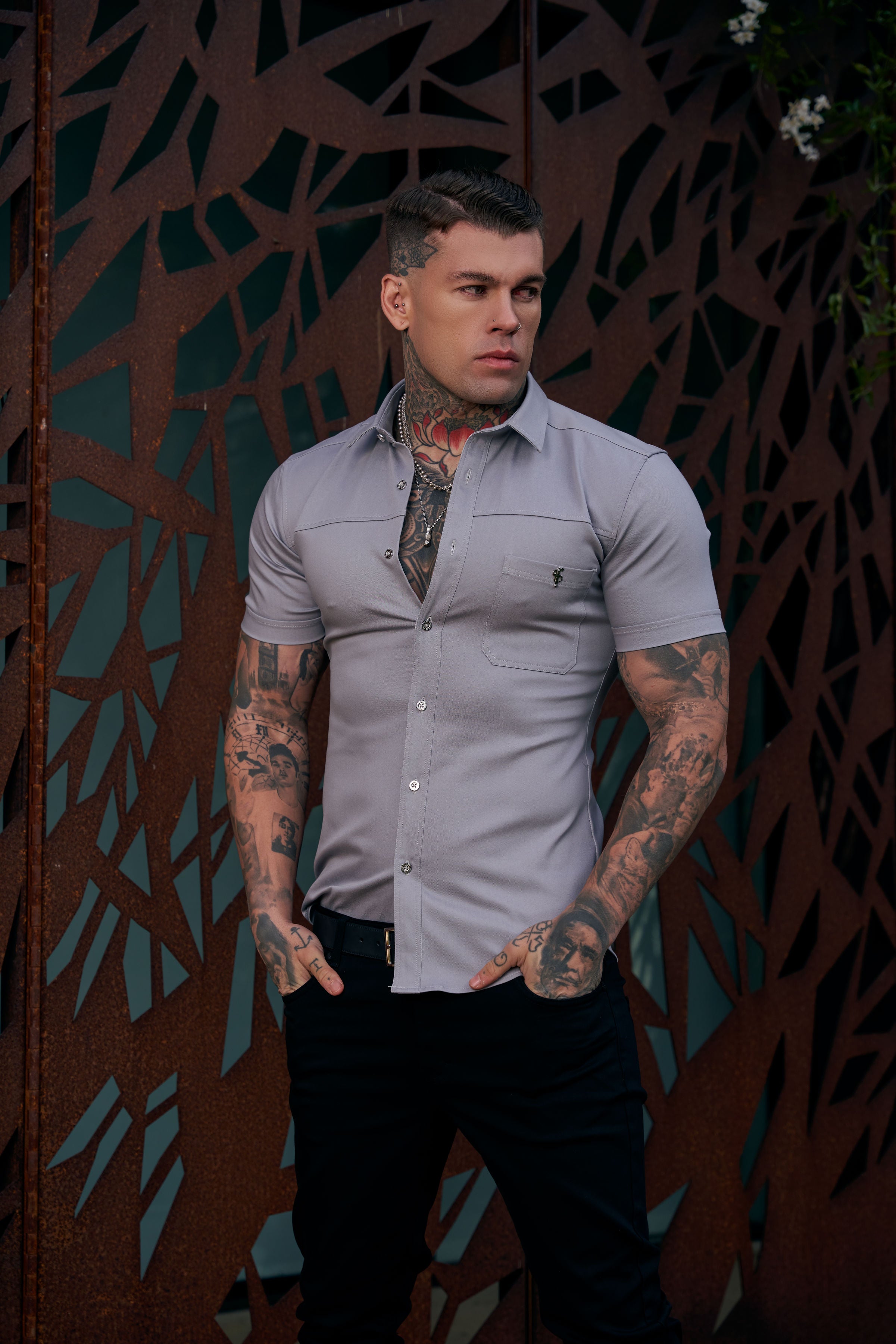Super Slim Stretch Grey Denim Short Sleeve with Horizontal Seam and Pocket- FS960