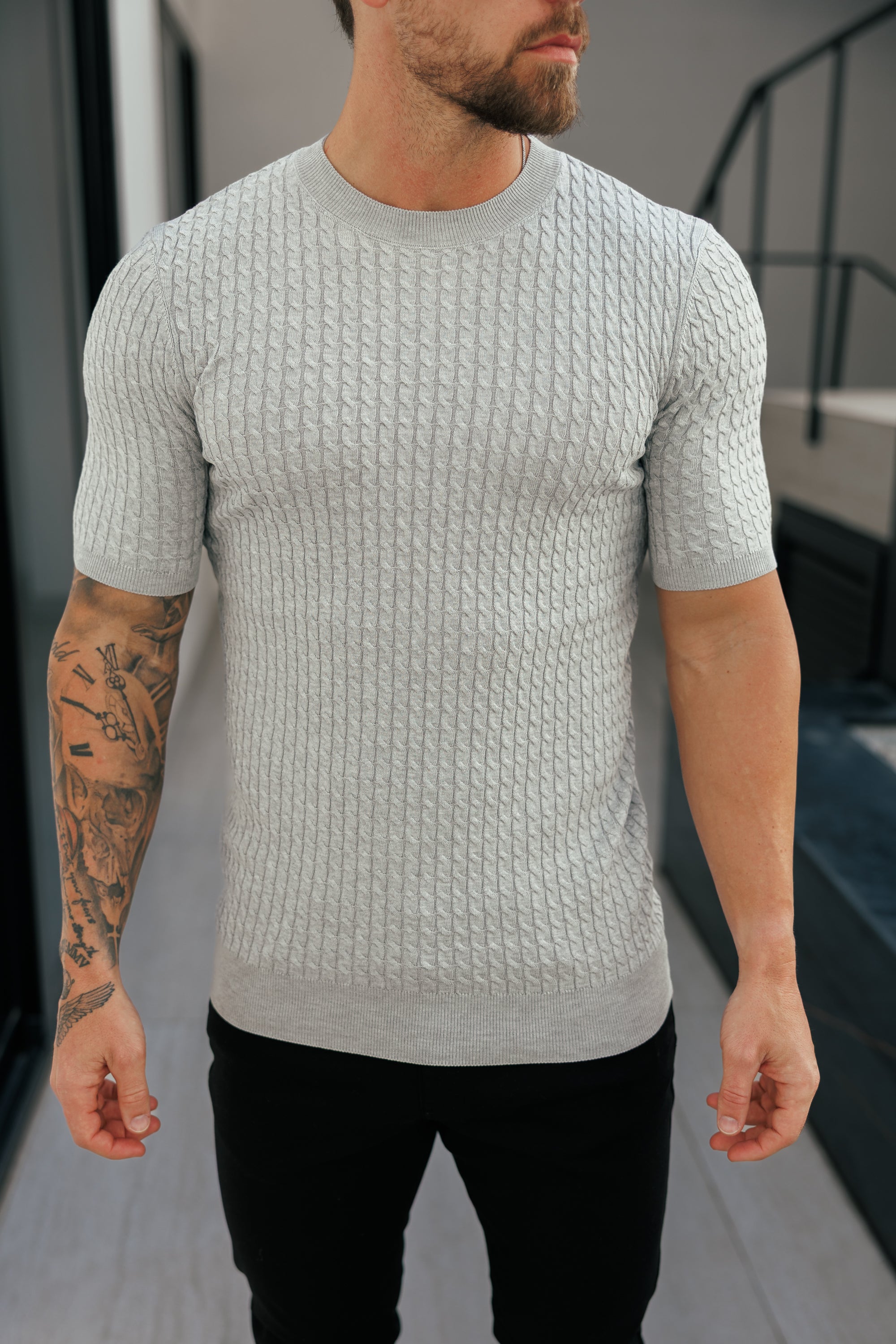 Front Chain Knit Crew Tshirt Silver Grey Short Sleeve - FSR056