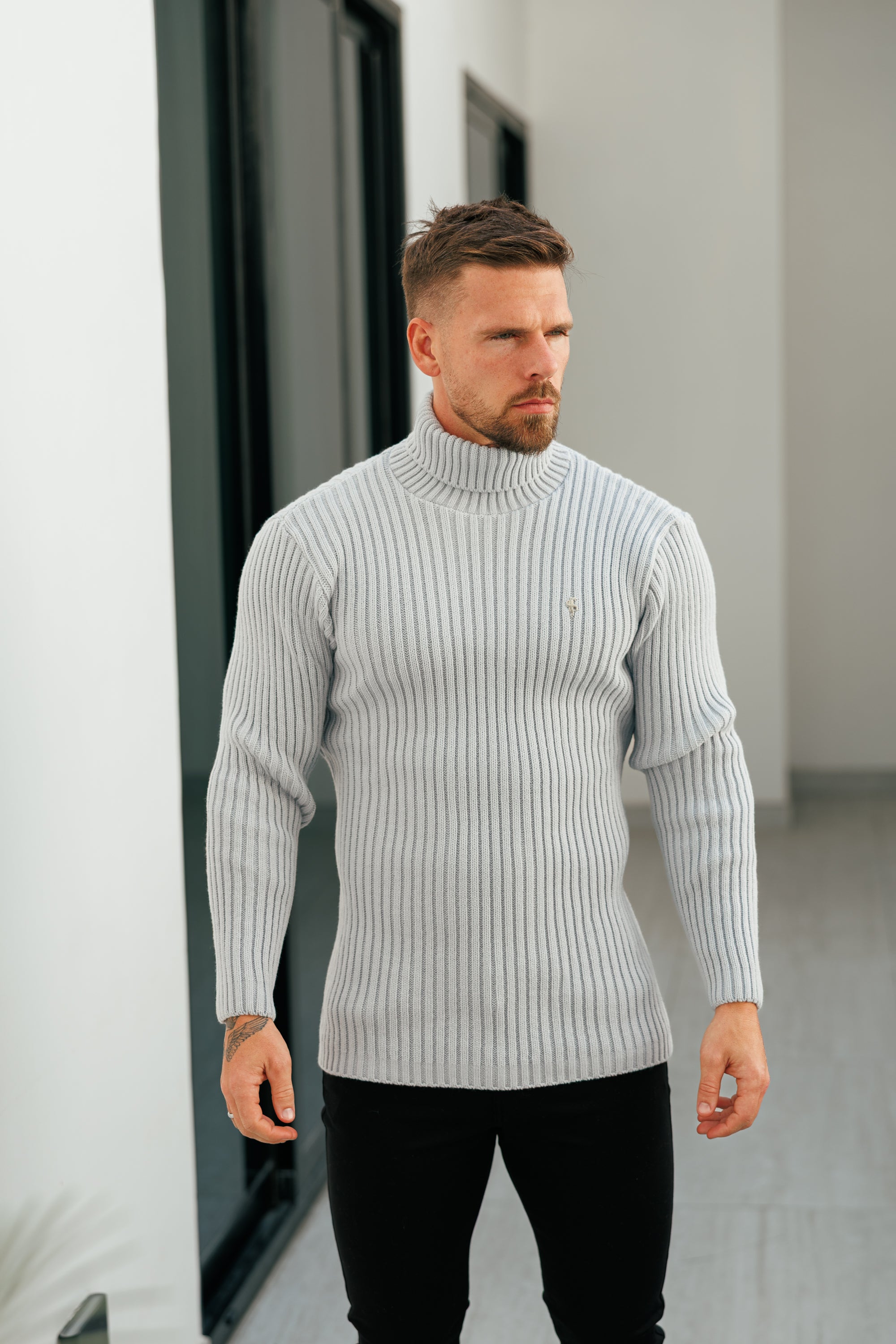 Ribbed Knit Cop Grey Roll Neck Jumper - FSJ116