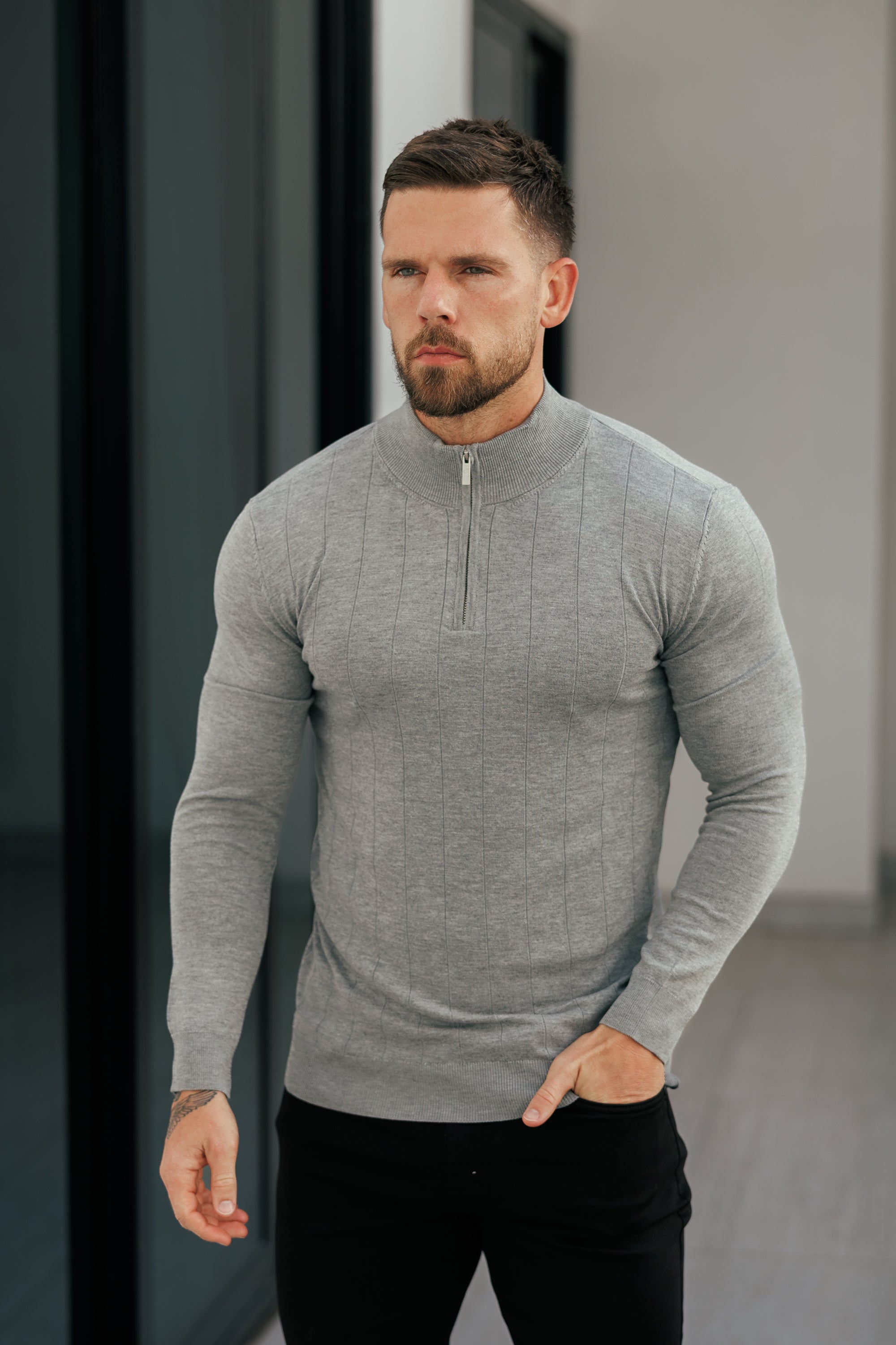 Self Stripe 1/4 Zip Funnel Neck Knit Jumper Light Charcoal Long Sleeve - FSR053