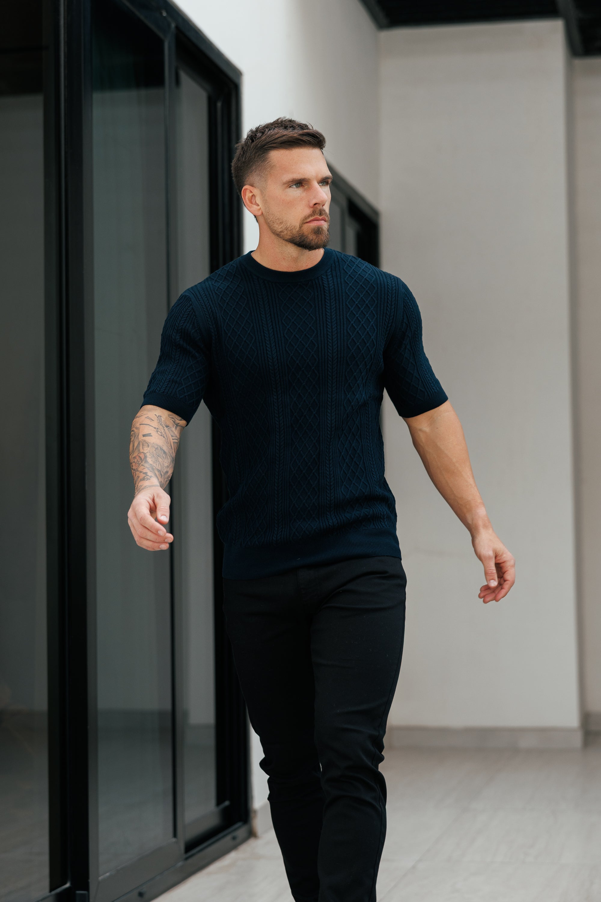 Fine Knit Diamond Navy Jumper Short Sleeve - FSA011