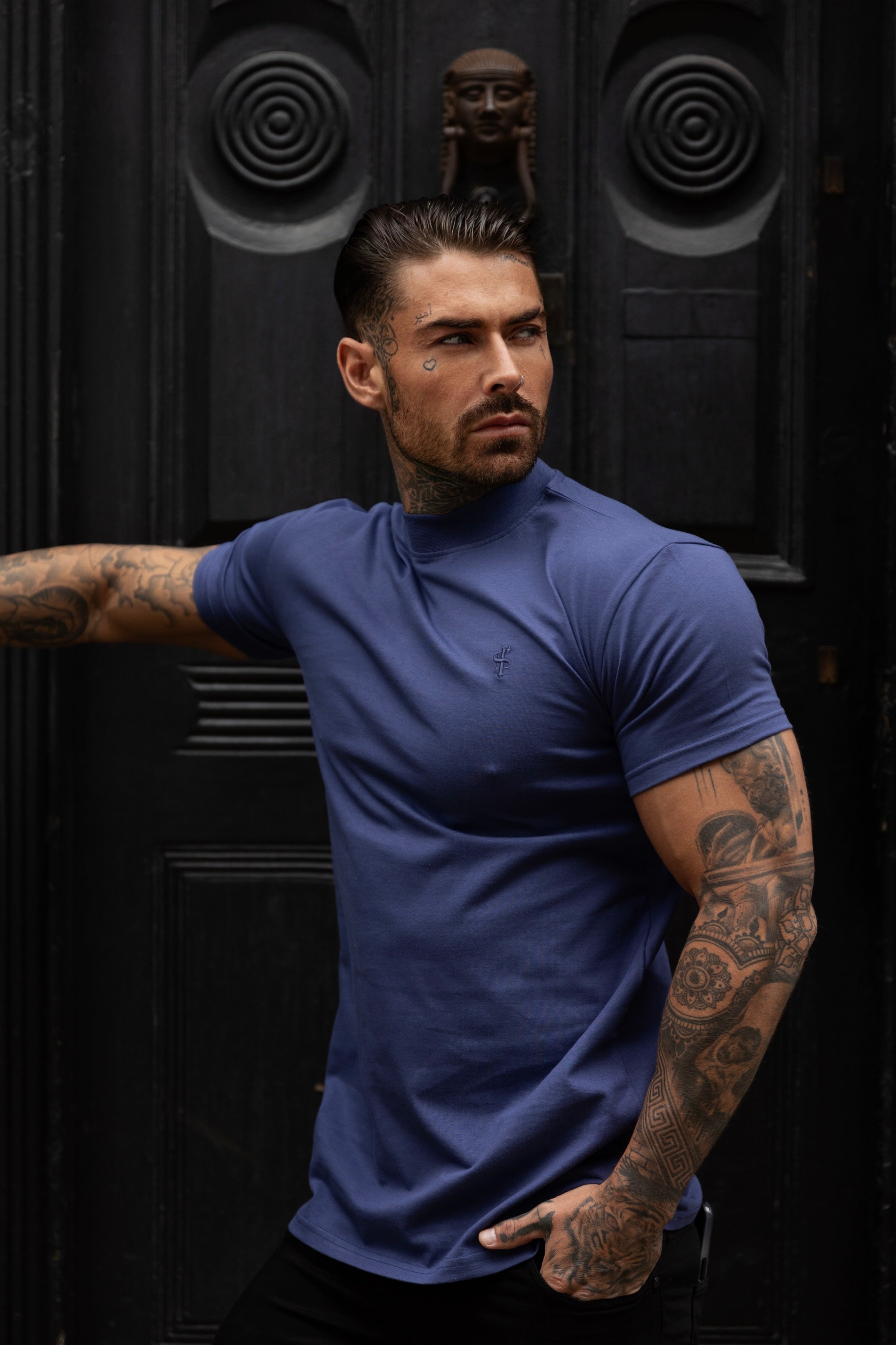 Ribbed High Neck Crew Short Sleeve Light Navy - FSH1009