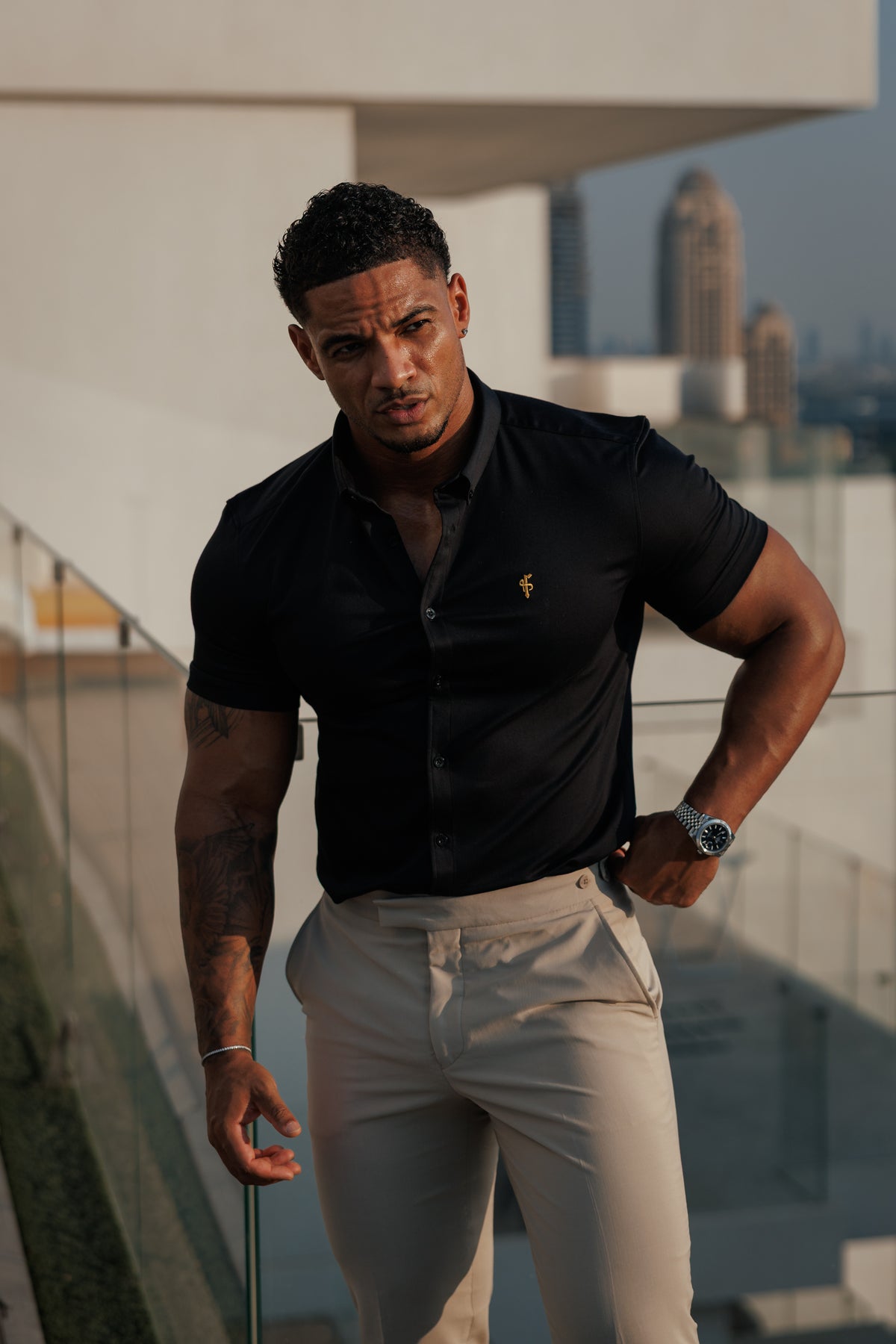 Super Slim Stretch Black Denim Short Sleeve with Gold Embroidery and Button Down Collar - FS1041