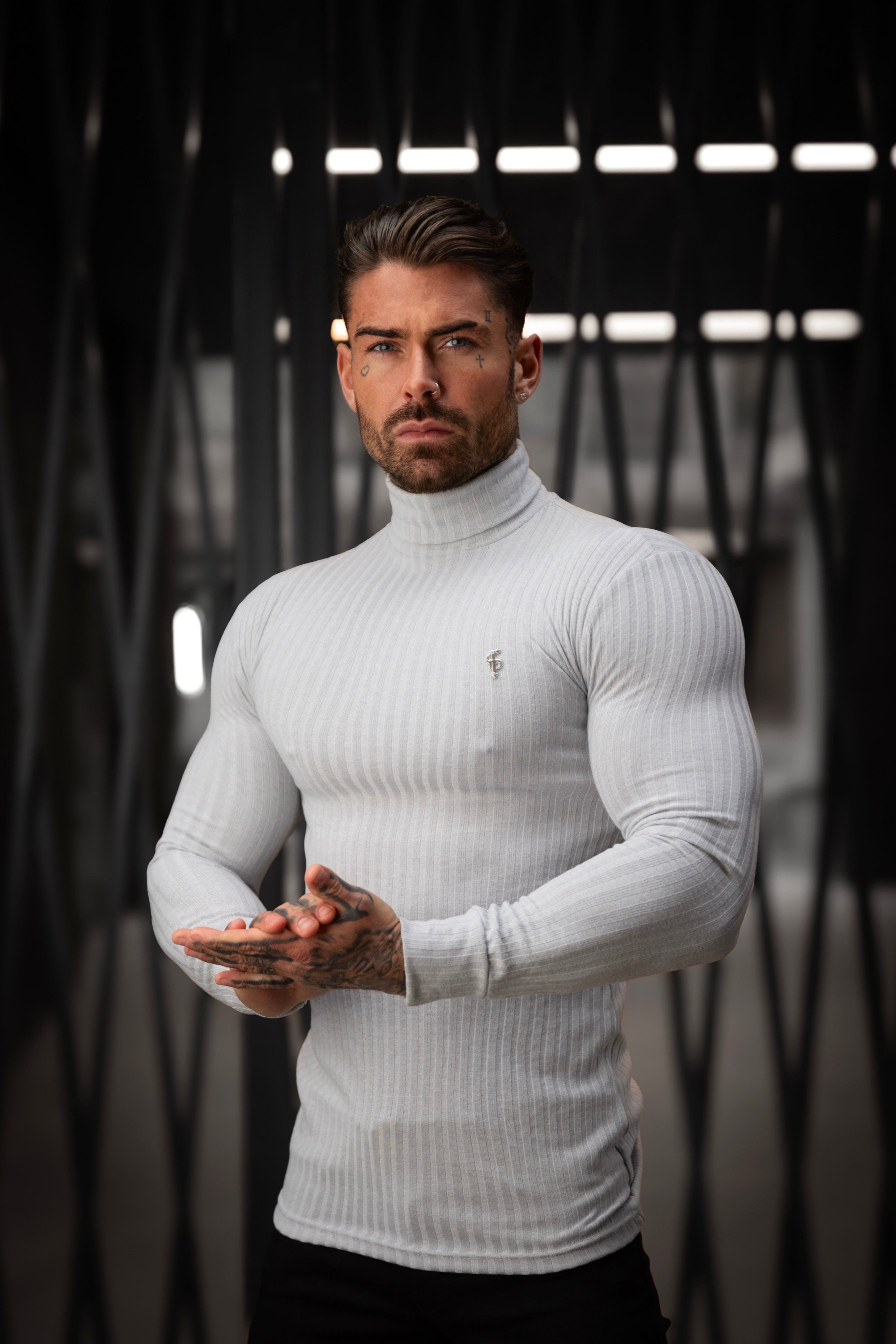 Classic Light Grey / Silver Ribbed Knit Roll-neck Jumper - FSH956