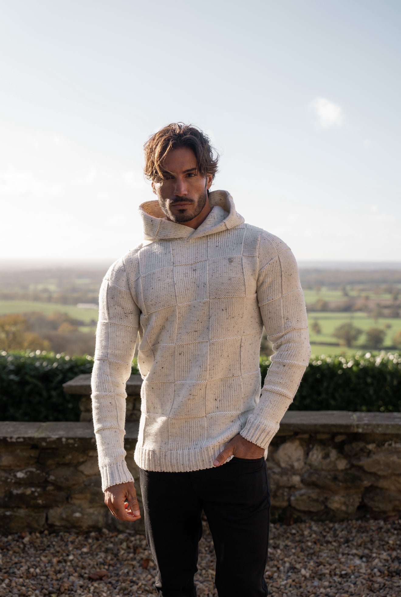 Beige Fleck Checkerboard Knitted Hoodie - FSJ133