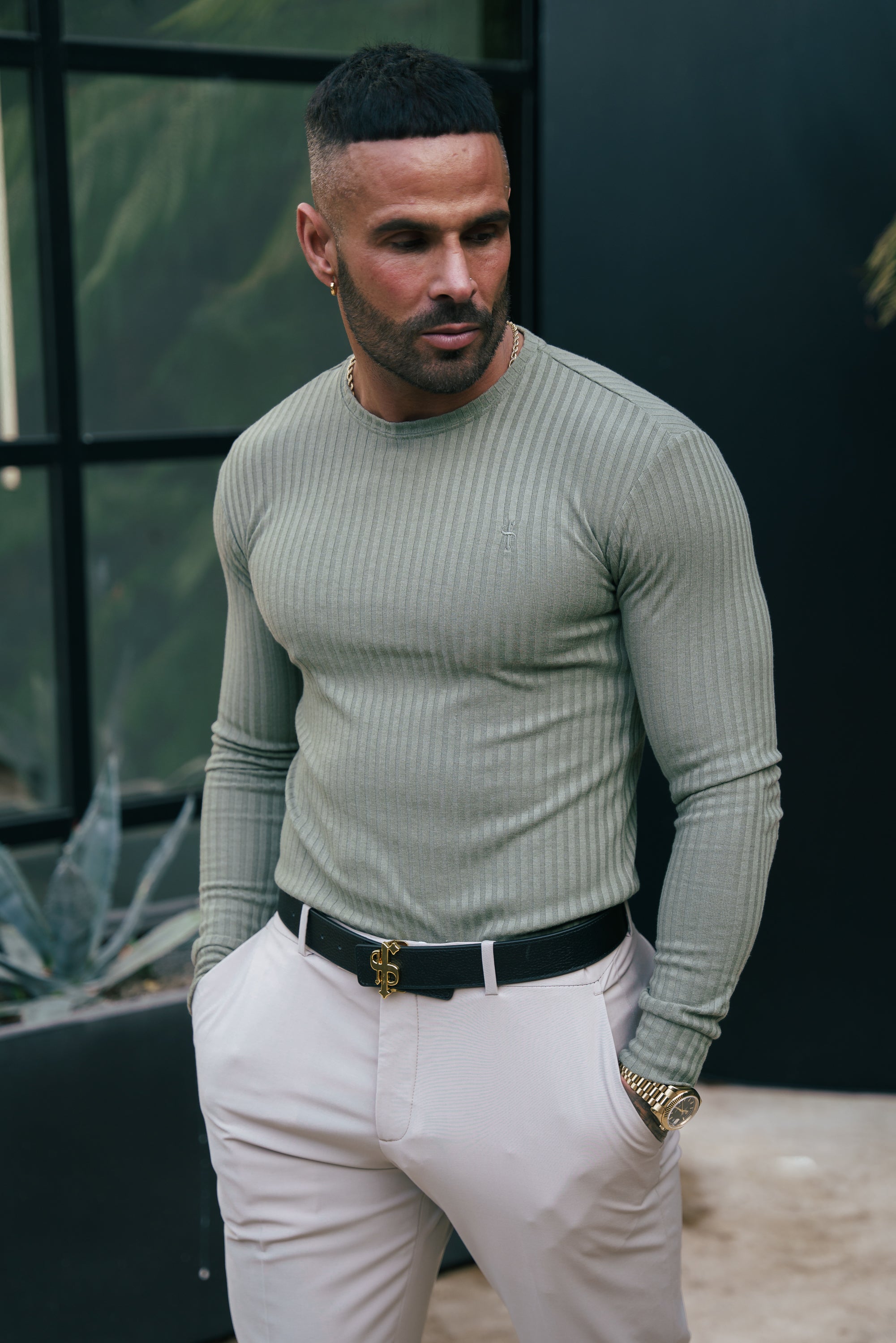Classic Olive Ribbed Knit Jumper With Tonal Embroidery - FSH1285