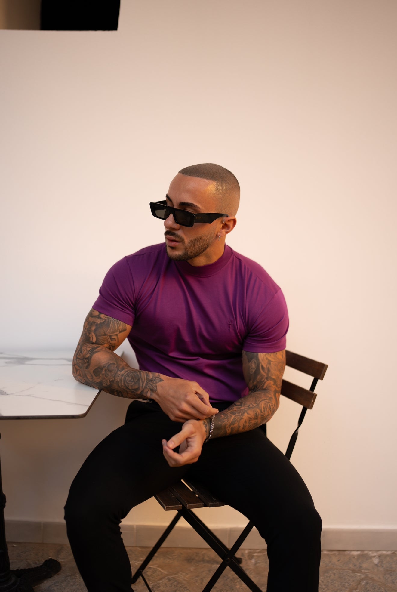 Ribbed High Neck Crew Short Sleeve Purple - FSH1139