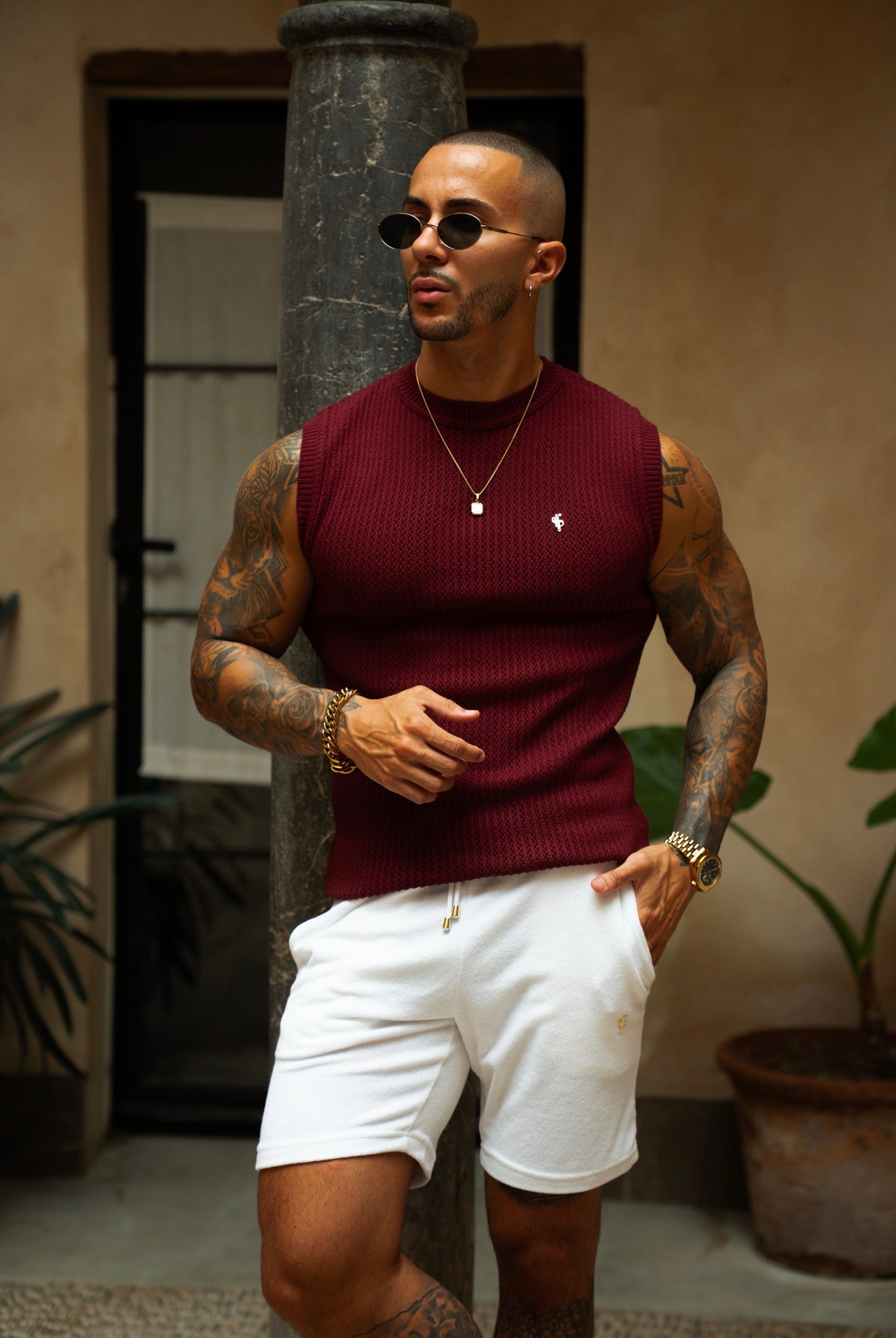 Claret / Silver Viscose Crochet Knitted Vest - FSJ192