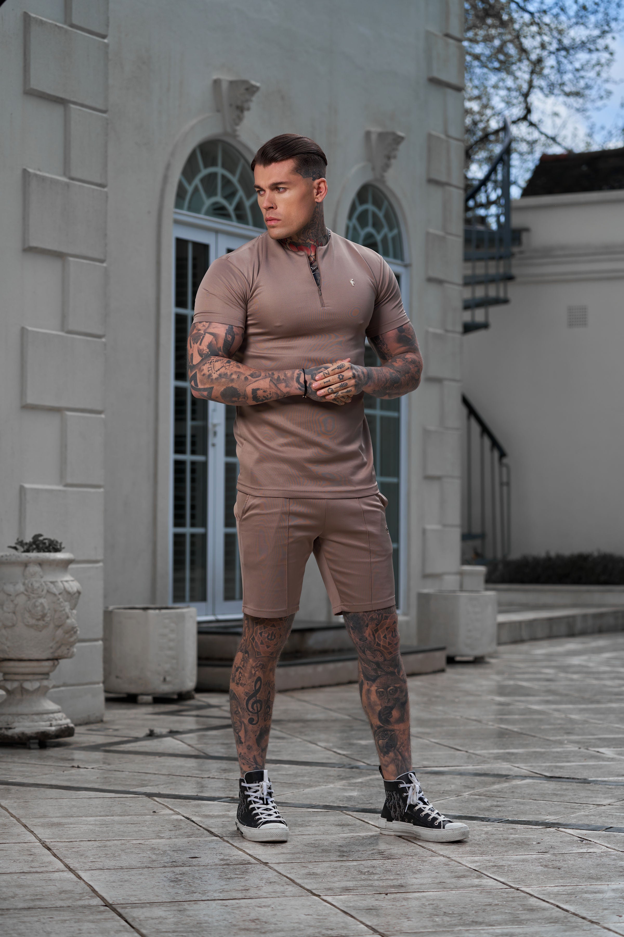 Scuba Taupe / Gold Crew T Shirt With Zip Detail Short Sleeve - FSH1030