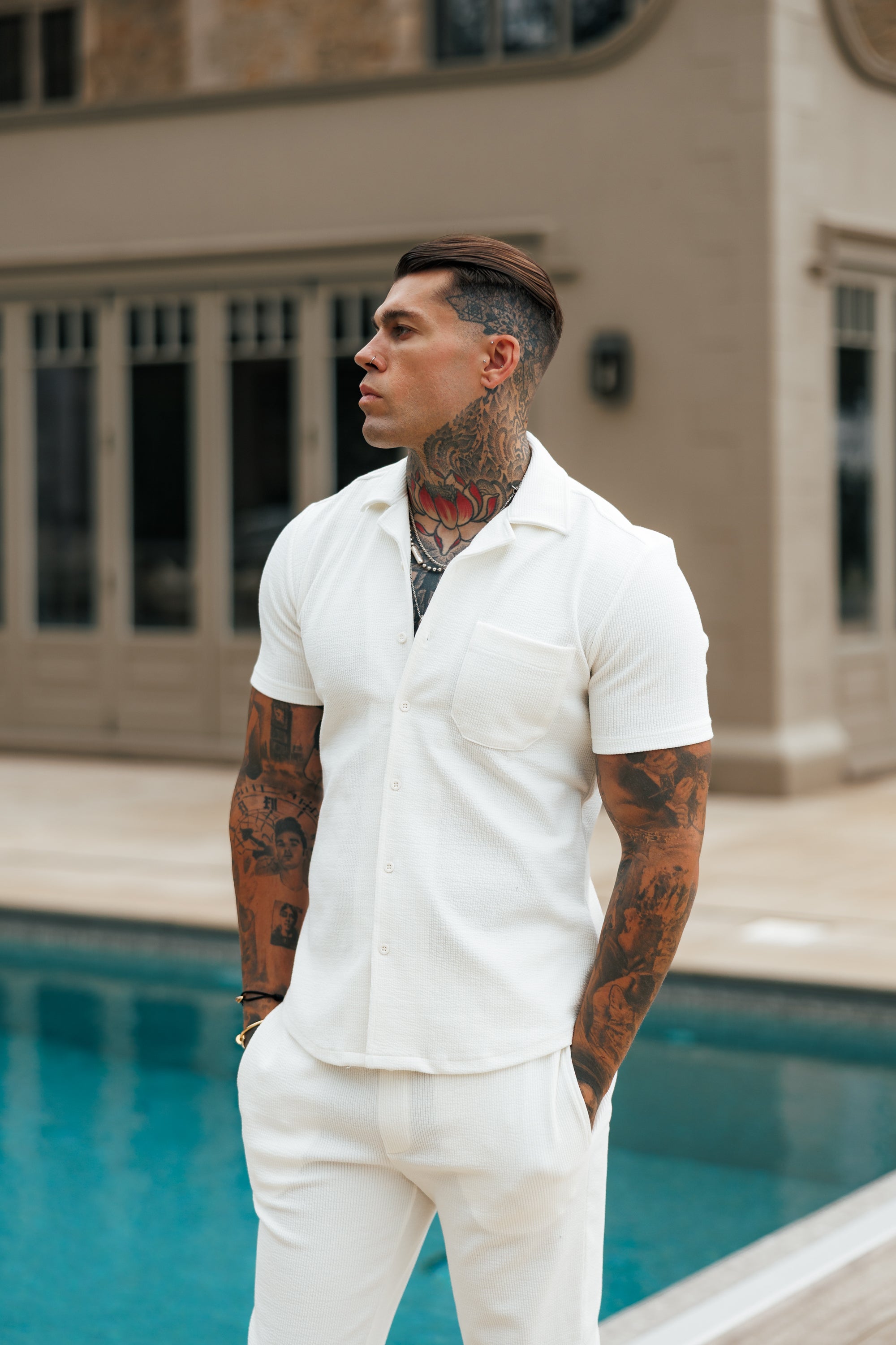 Jersey Cord Stretch White Revere Shirt Short Sleeve - FSR017