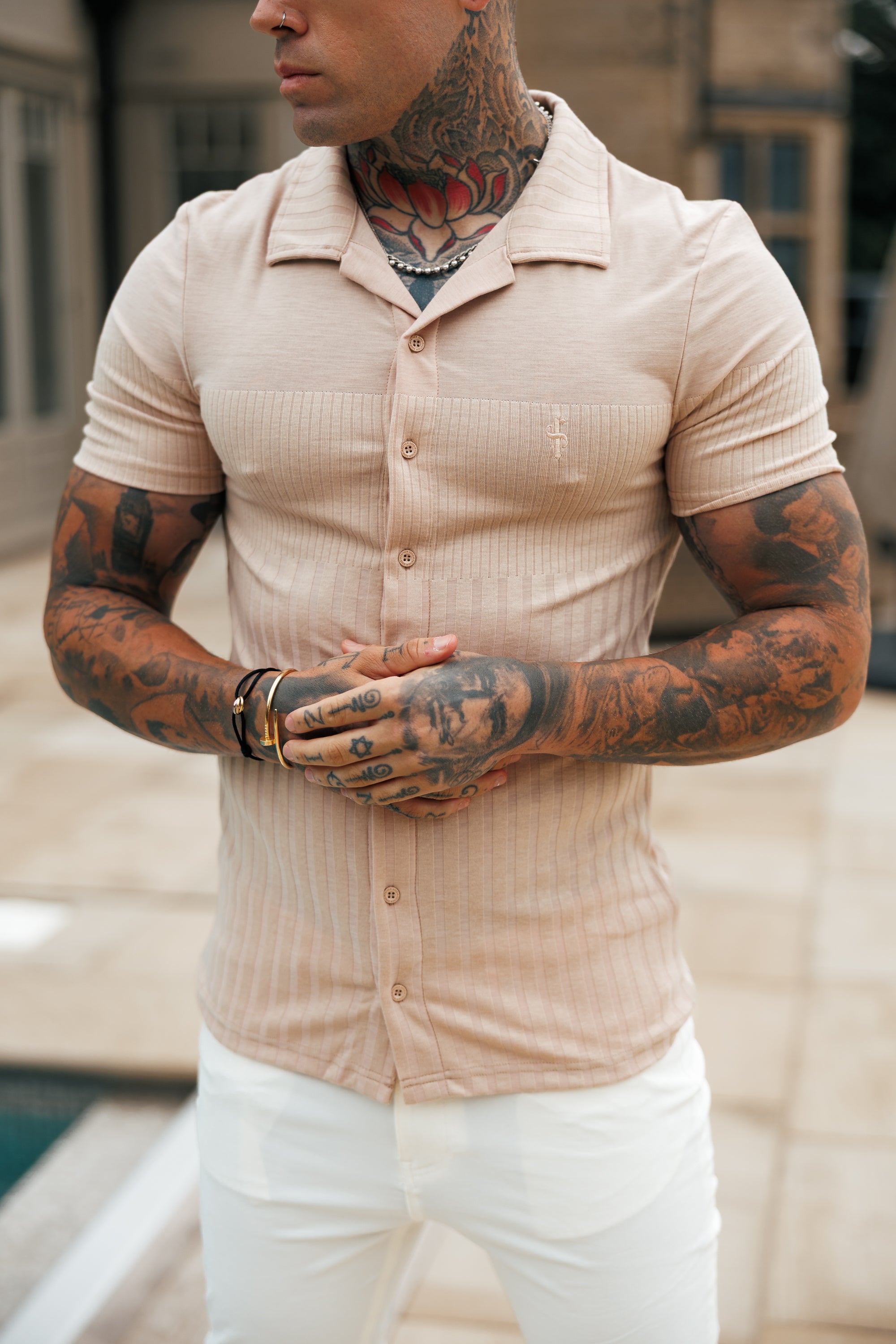 Jersey Revere Vertical Stripe Beige Shirt Short Sleeve - FSR026