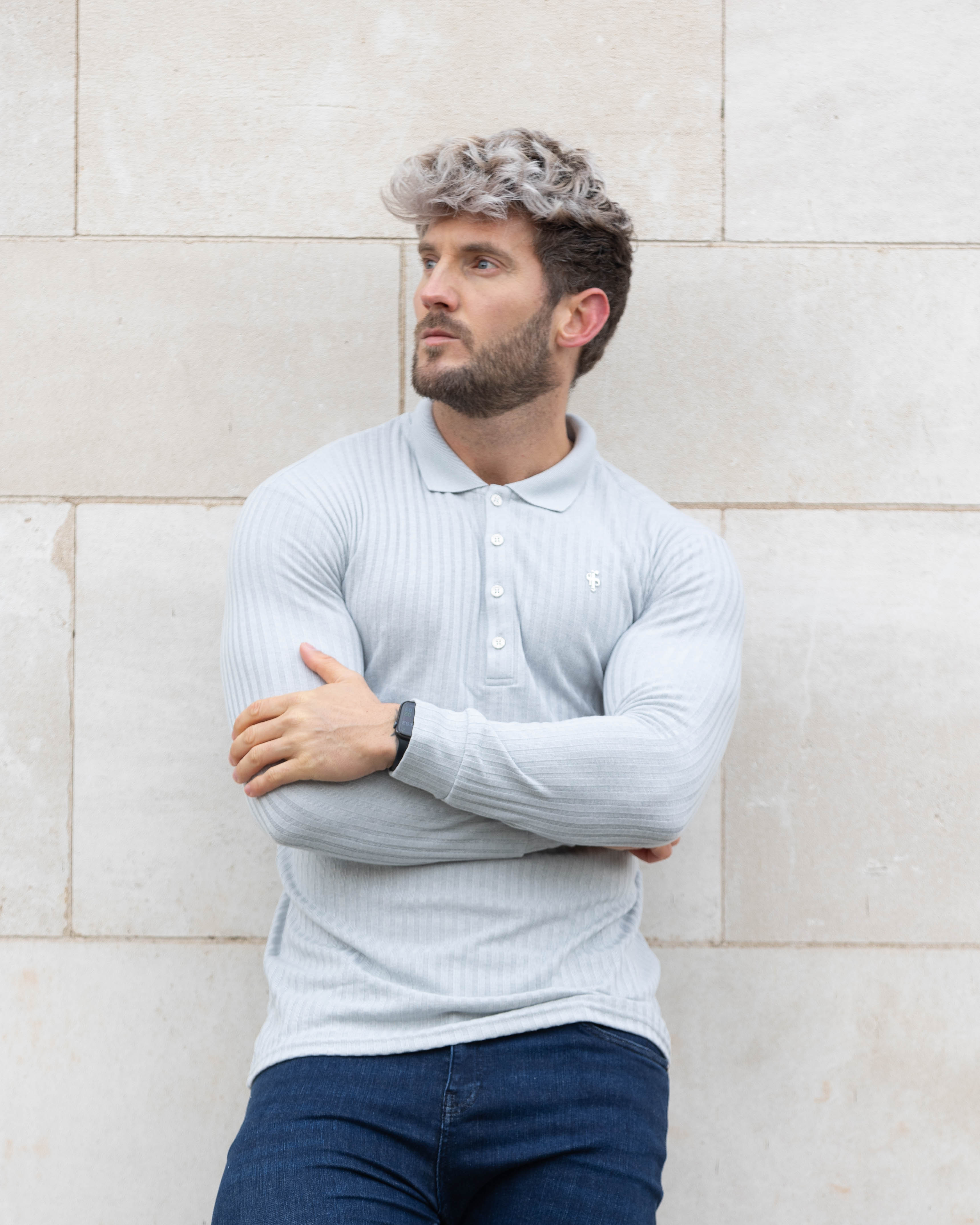 Classic Light Grey Ribbed Polo Shirt Long Sleeve With Silver Decal - FSH973