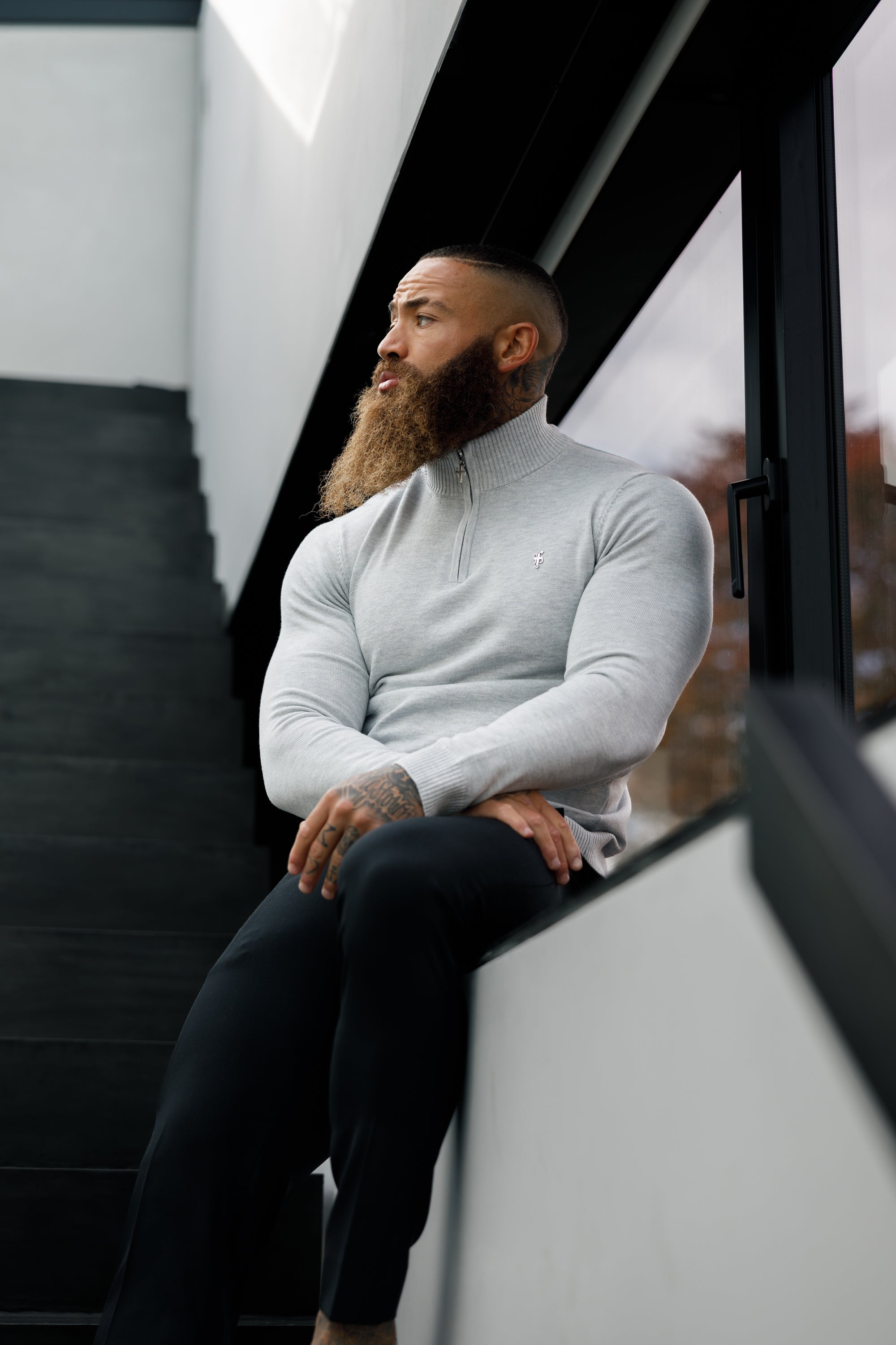 Grey Marl Funnel Neck 1/2 Zip Knitted Jumper - FSN124