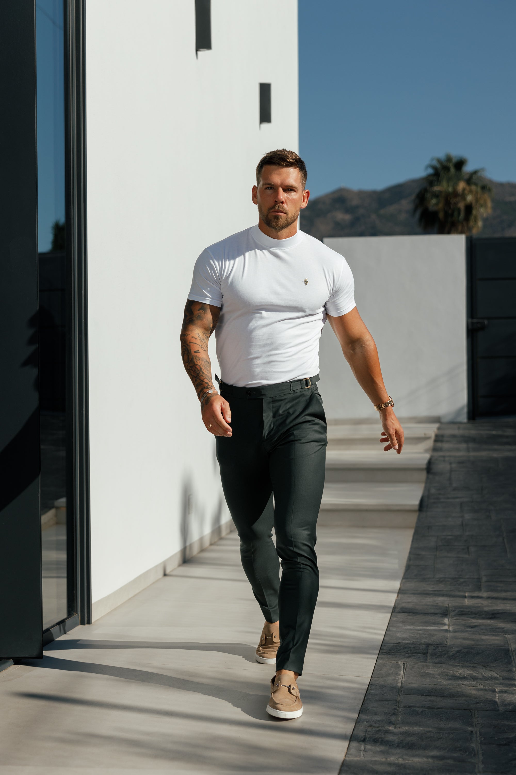 Ribbed High Neck Crew Short Sleeve White / Gold - FSH1006
