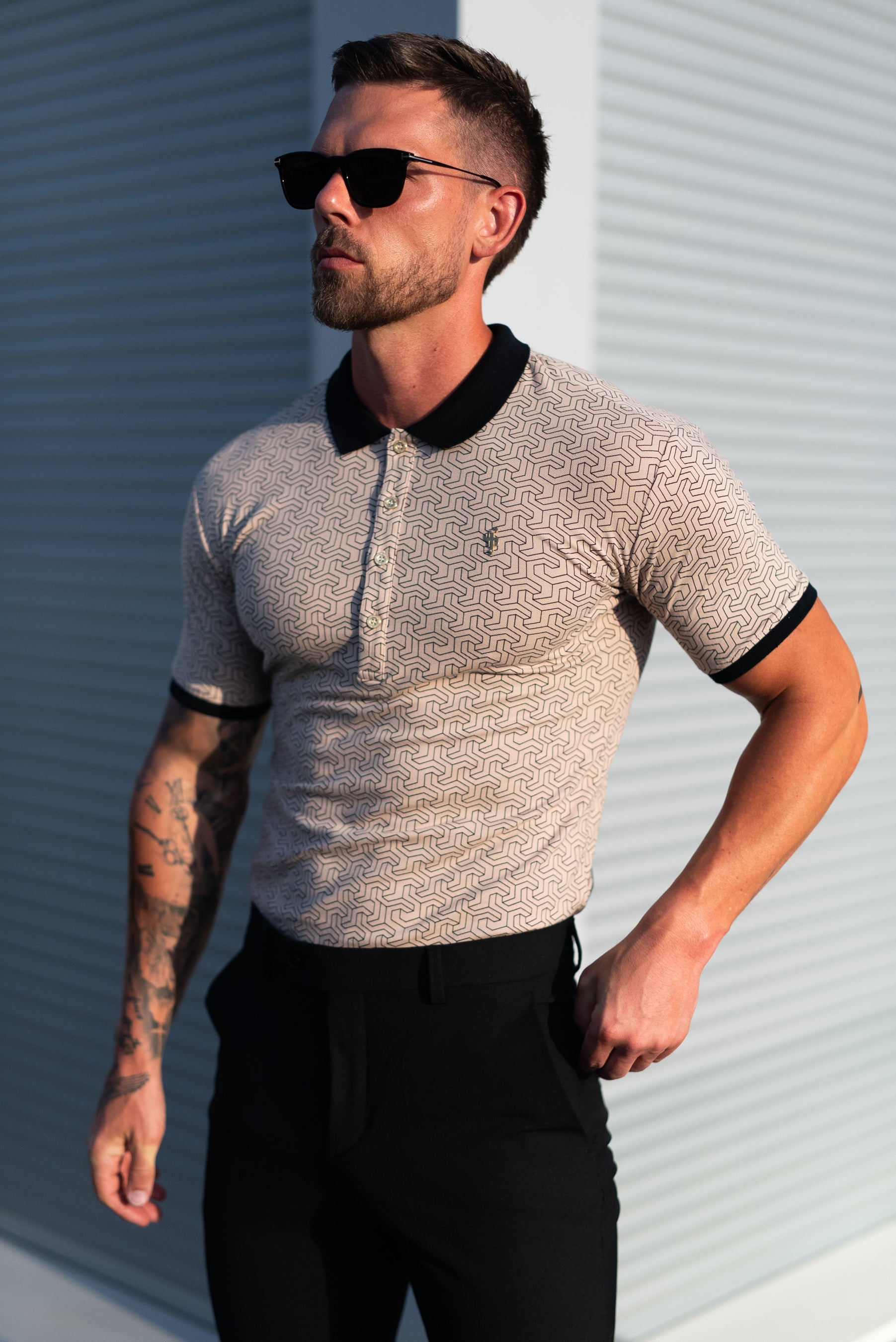 Black / Beige Geo Printed Polo Shirt - FSH1234