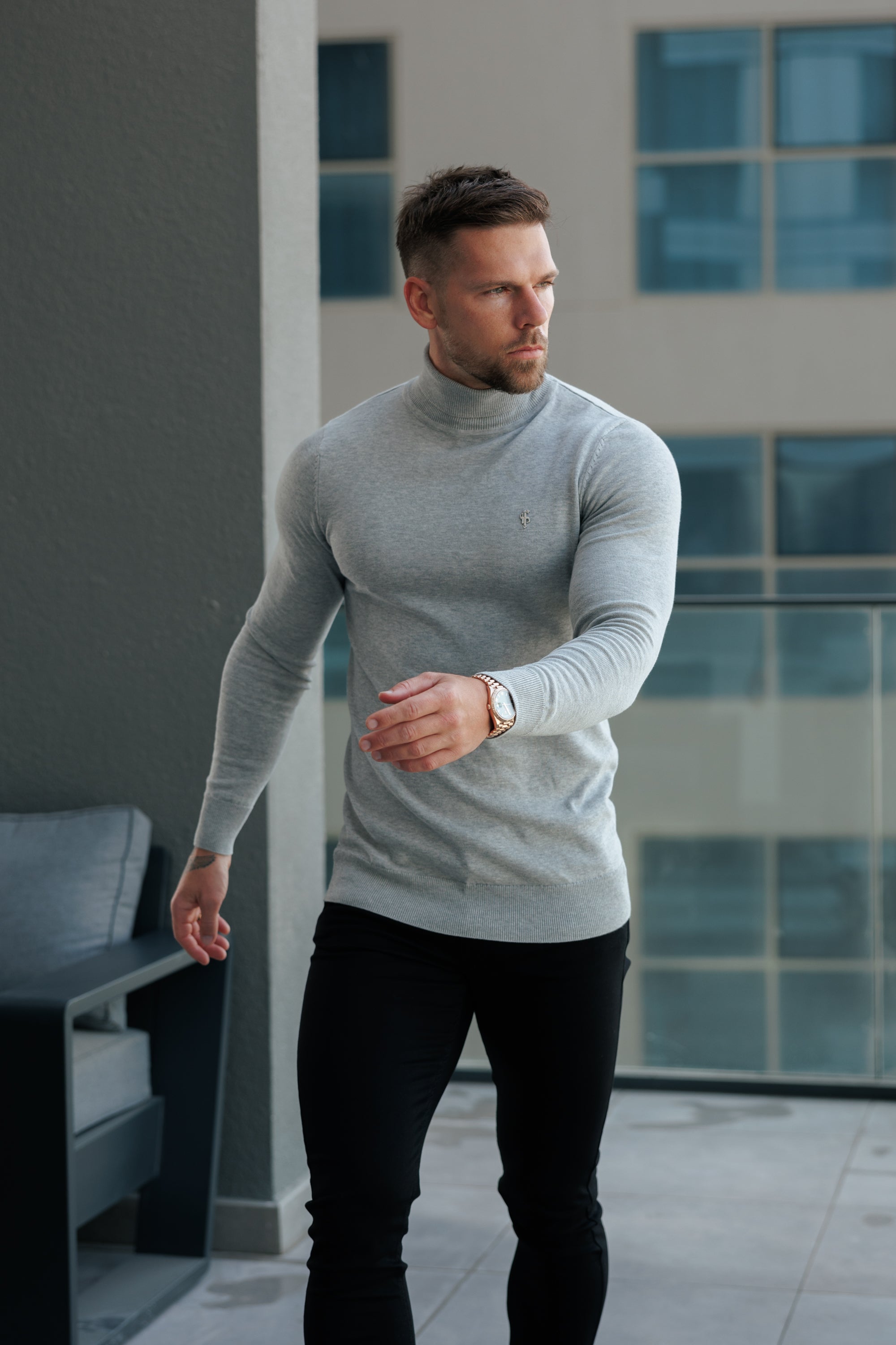 Light Grey Roll Neck Knitted Jumper With FS Branding - FSN208