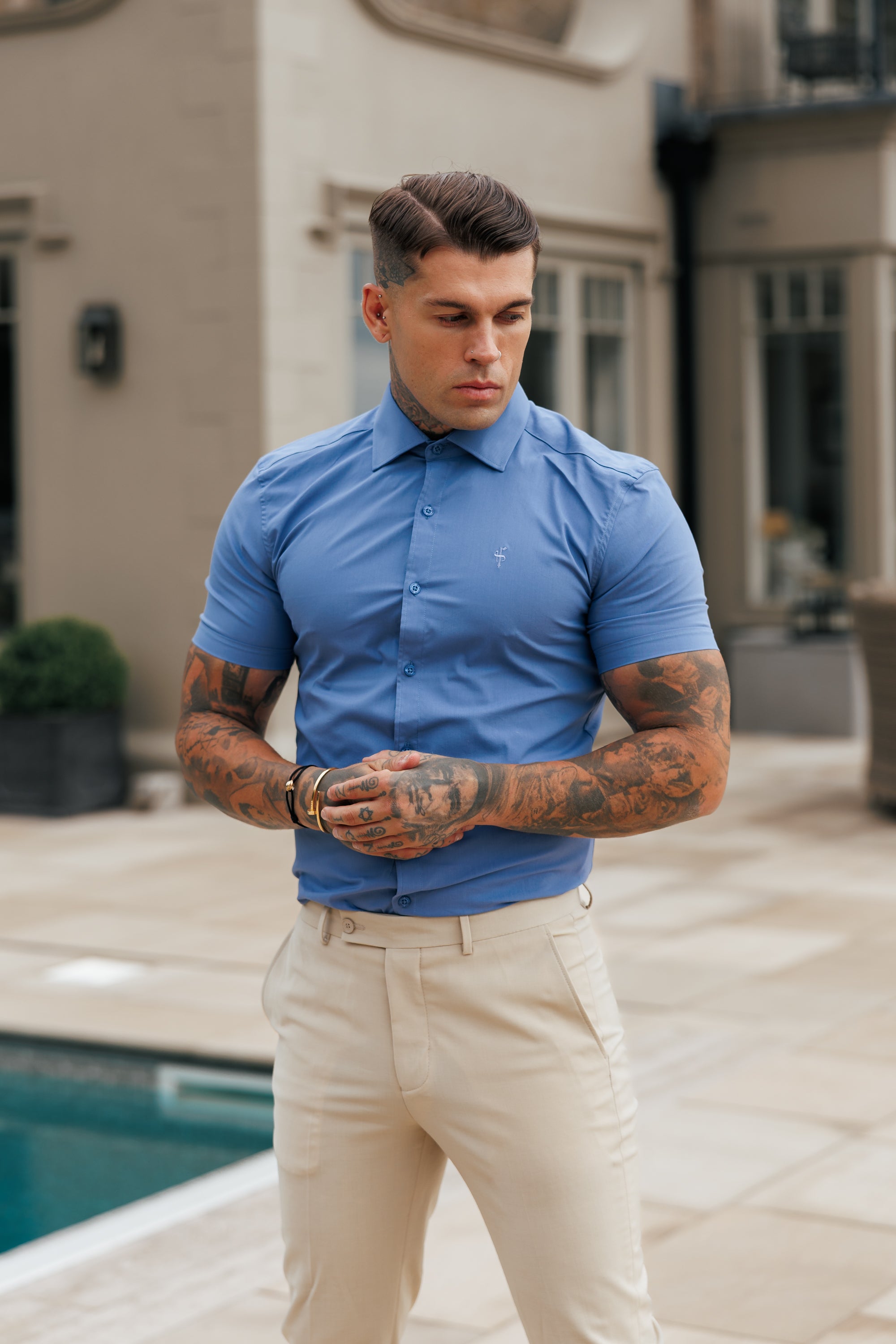 Muscle Fit Advanced Stretch Mid Blue Short Sleeve with Cutaway Collar - FS1203