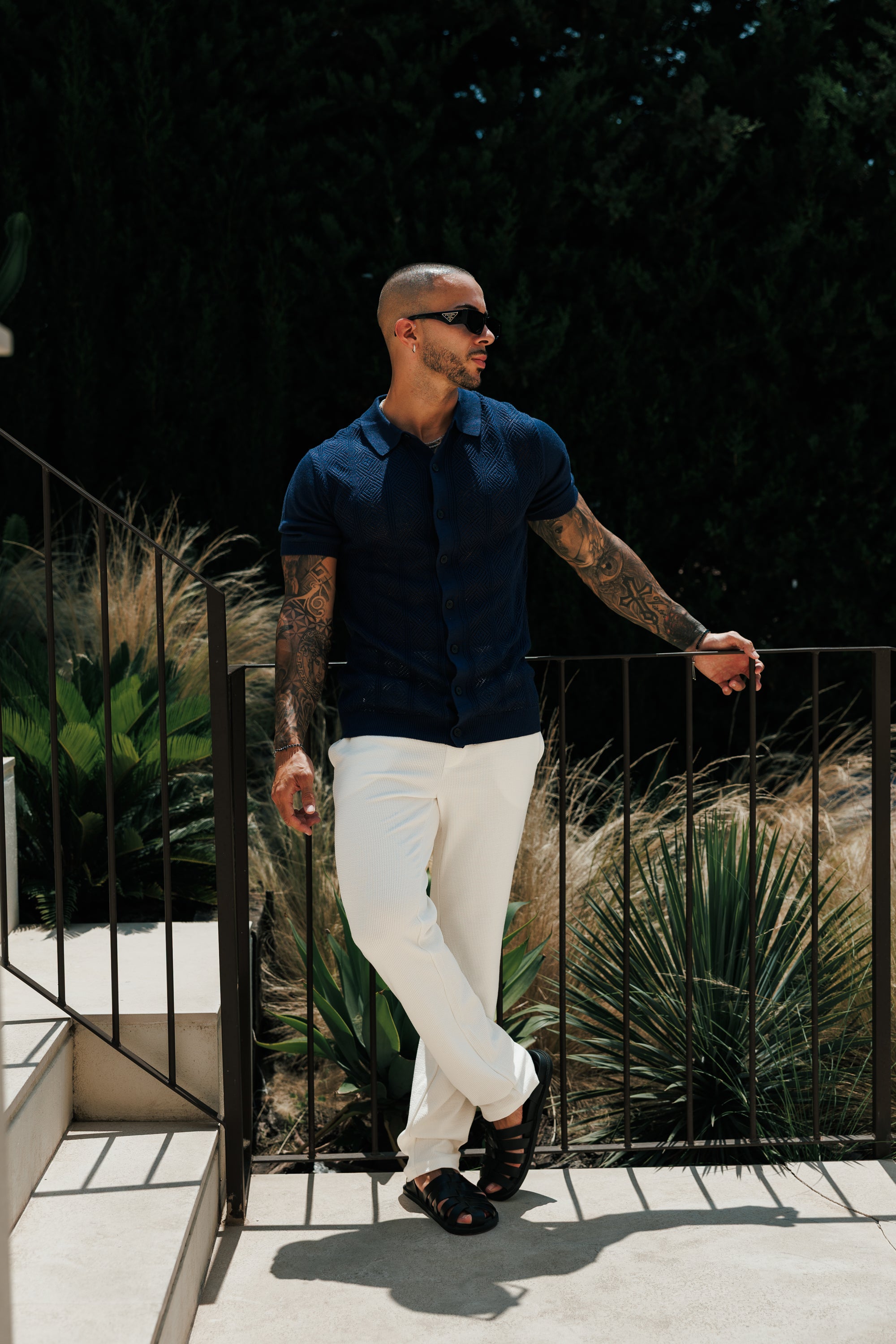 Navy Diamond Stripe Perforated Shirt Short Sleeve - FSA023 (PRE ORDER 31ST AUGUST)
