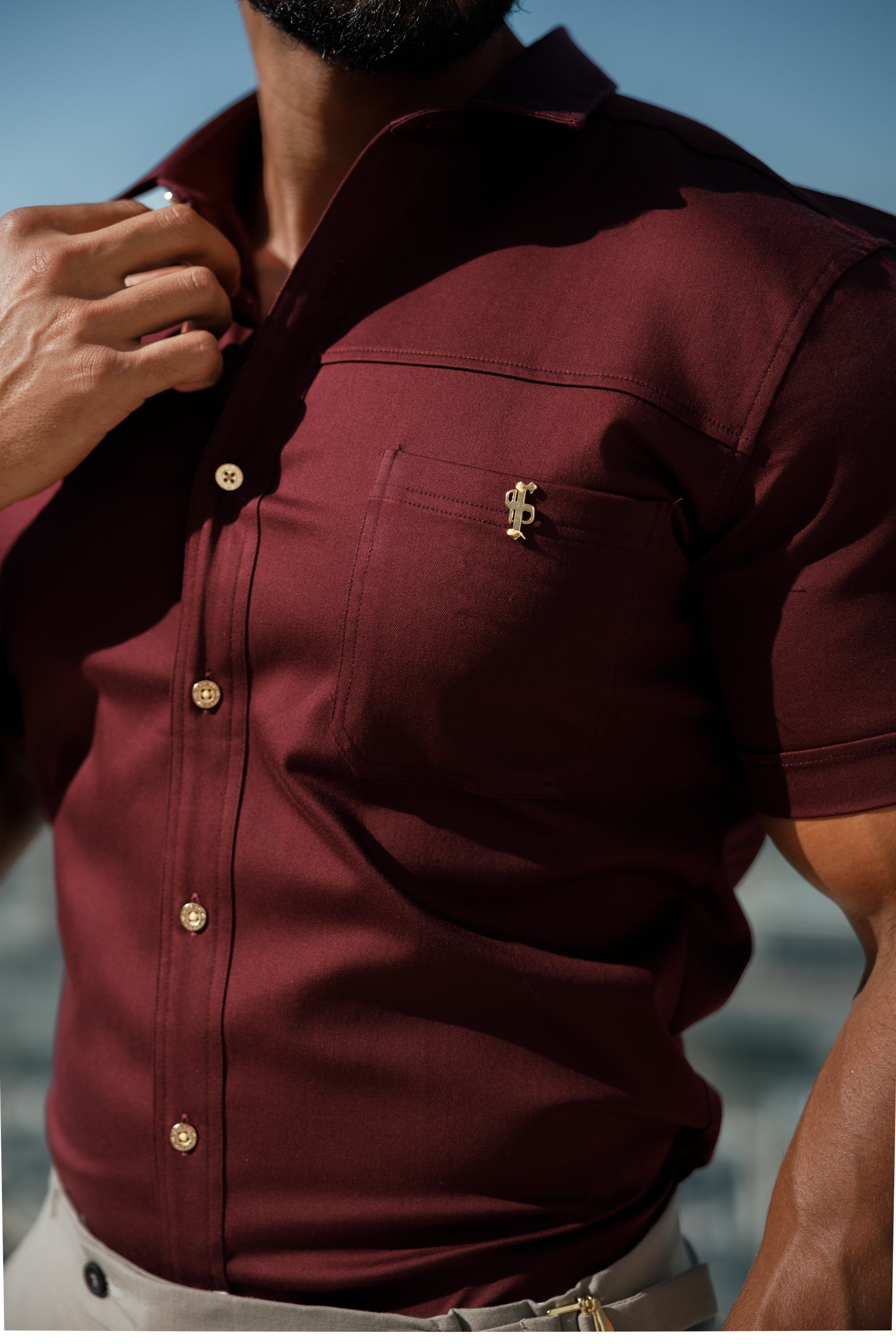 Super Slim Stretch Burgundy Denim Short Sleeve with Horizontal Seam and Pocket- FS961