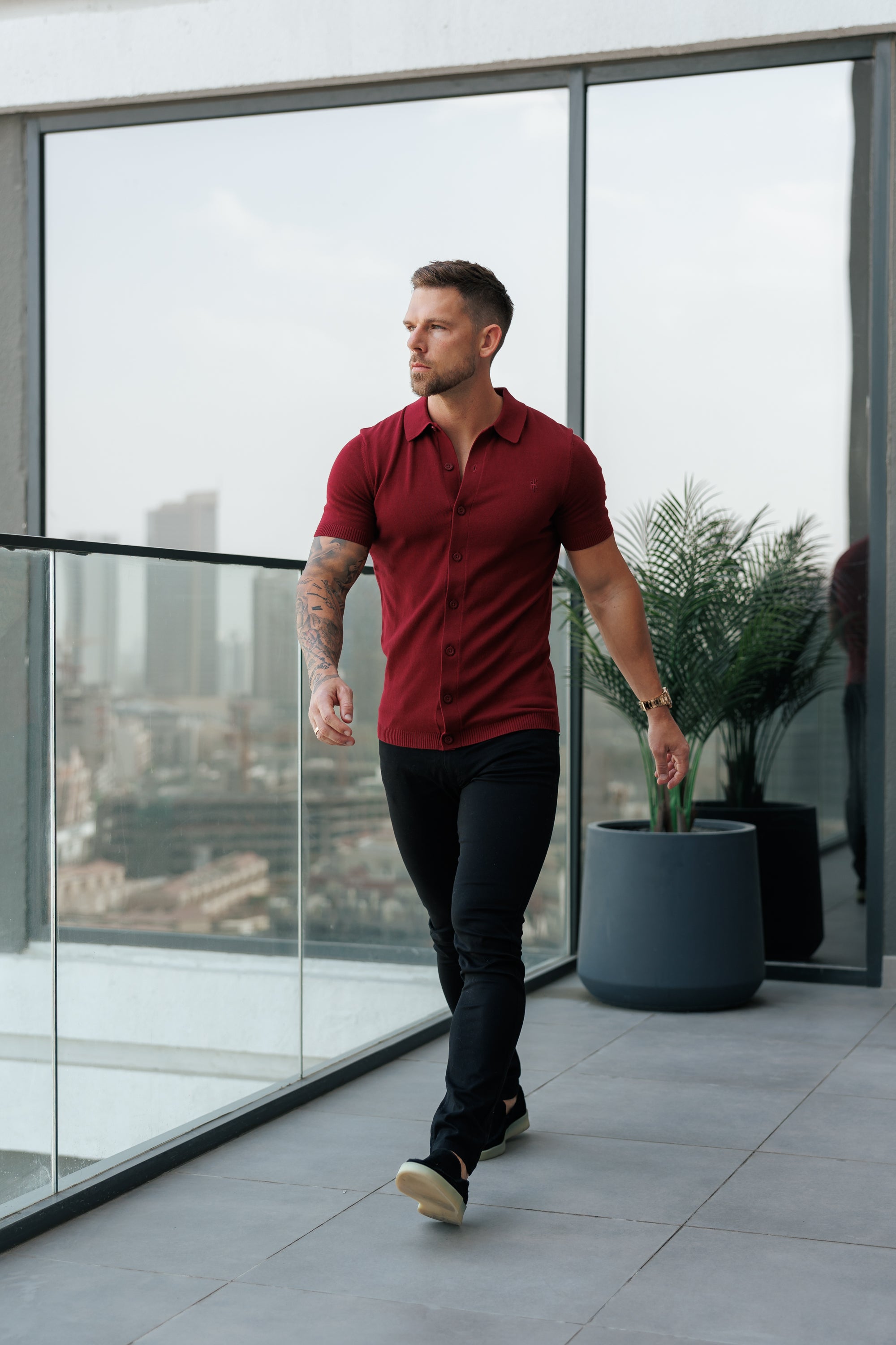 Classic Plain Burgundy Knitted Button Through Polo Short Sleeve - FSN217