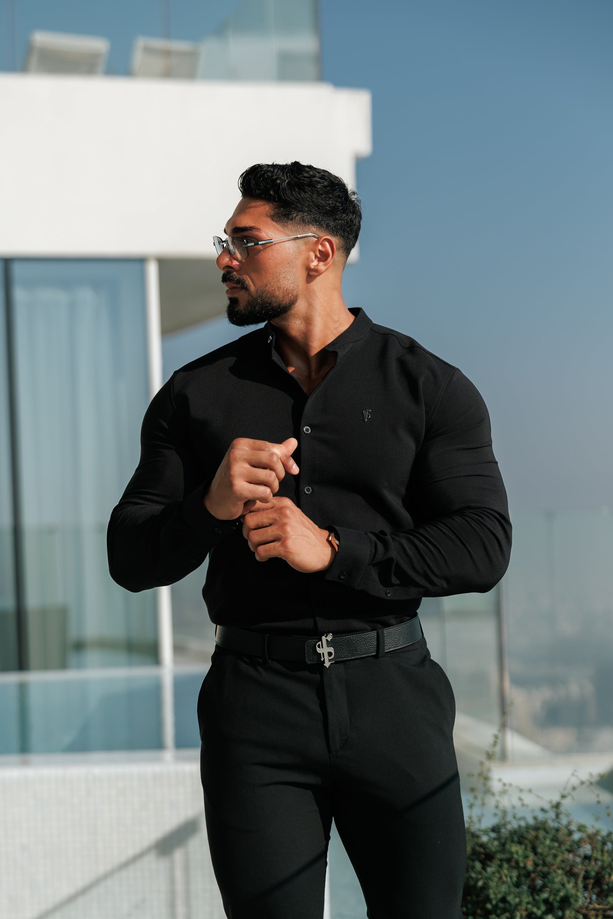 Classic Stretch Black LS with Grandad Collar - FS1078