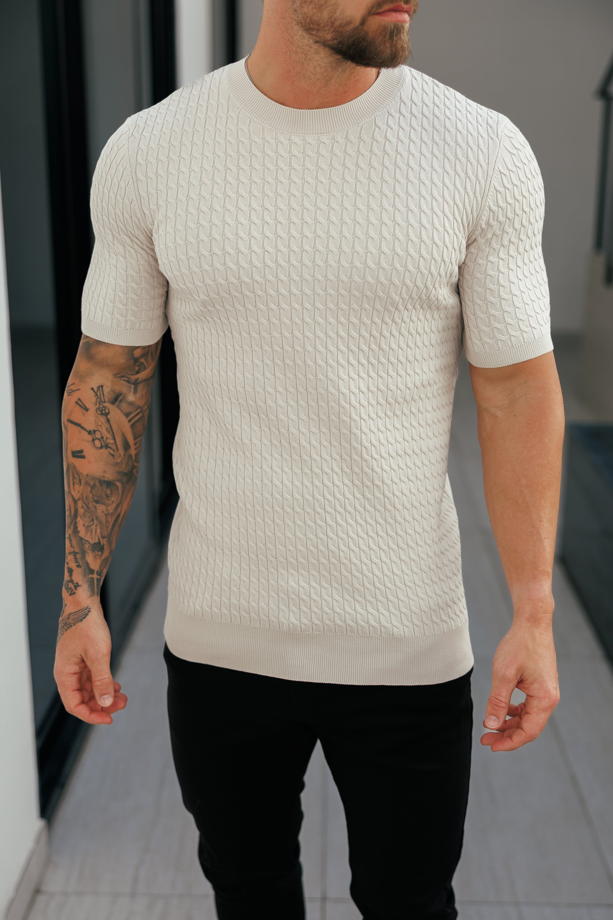 Front Chain Knit Crew Tshirt Cream Short Sleeve - FSR057